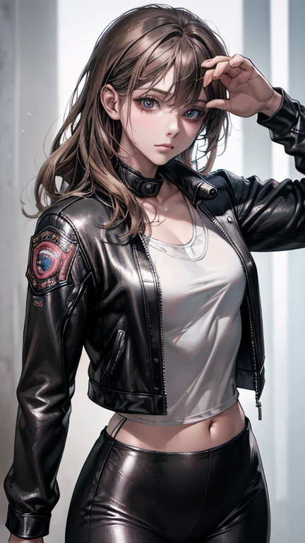 Uma Kizi jovem com cabelo bagunçado ruivo, wearing an eye patch over the left eye, wearing baggy firefighter pants, short top with the belly exposed and a blouse tied at the waist, ((high collar)), (((best qualityer: 1.4))), (Unbeatable masterpiece), (hiper HD),(CG 8k hyper-realistic), (((brave face))), (((breasts big))), (((hyper feminine))), sexly girl, ((( sculptural body ))), (((1 Kizi))), Kizi cibernética de 25 anos com perfectbody,,Beautiful and well-groomed face,muscular body:1.2,solid color detailed jacket, (Head to thigh photos)， Complex equipment, green dark，Long pants，Tight clothes are dark，With white stars and off-white stripes,,,,,Armor Metal Electronic Parts, Poison tattoos ) INFO, Kizi, (((standing alone))), pirralha violent, (((14歳))), sexly, pose de atitude, work of art, post-apocalypse, (((manga style))), bounty hunter, violent, Manic, the way you want, slenderbody, thin but strong, perfectbody, roupa moderna, advanced technology, neon, sleeves with vertical striped pattern, neutral background, (( cowboy shot )). intricate visual