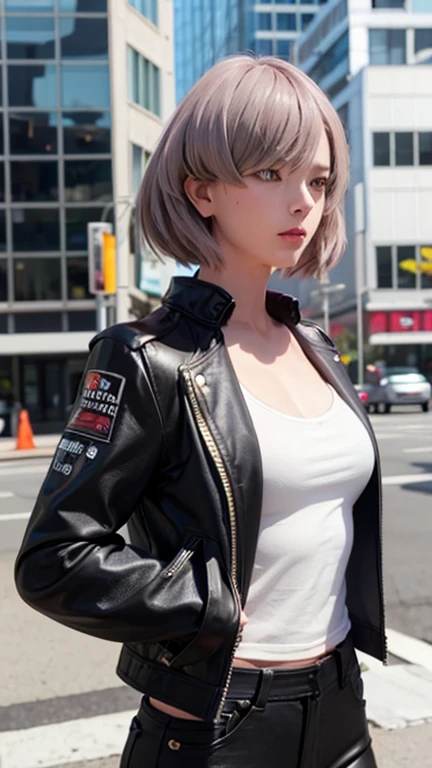 Best Quality, High image quality, super high quality, 8k, masterpiece, detailed, extremely detailed, insanely detailed, ultra detailed, ultra highres ,Exquisite,
Realistic画像,Cinematic Experience,uhd images,Realistic,Realistic,超Realistic,Vivid,RAW Photos,Shooting with a digital SLR, One Girl, (Black Leather Jacket:1.3), White tank top, Black leather pants, Cyberpunk City