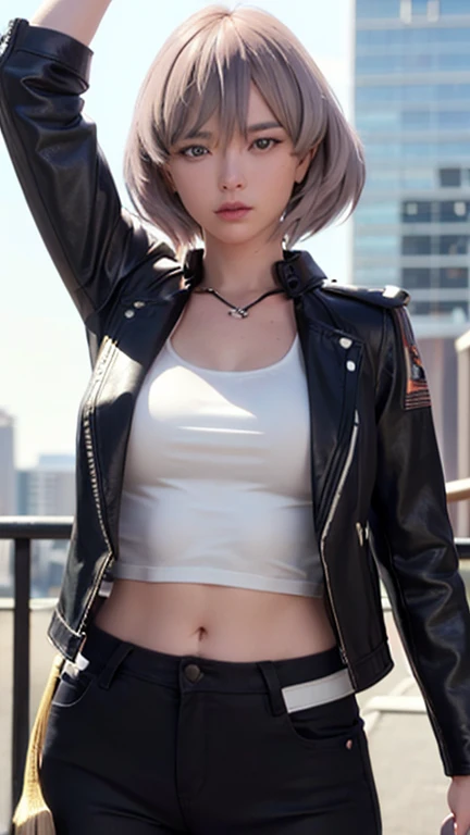 Best Quality, High image quality, super high quality, 8k, masterpiece, detailed, extremely detailed, insanely detailed, ultra detailed, ultra highres ,Exquisite,
Realistic画像,Cinematic Experience,uhd images,Realistic,Realistic,超Realistic,Vivid,RAW Photos,Shooting with a digital SLR, One Girl, (Black Leather Jacket:1.3), White tank top, Black leather pants, Cyberpunk City