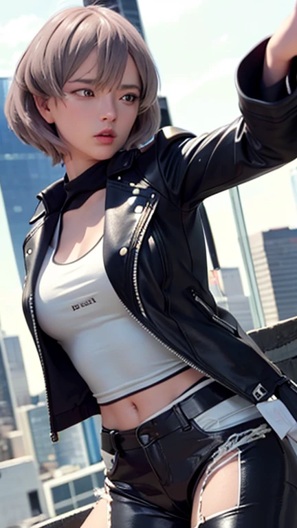 Best Quality, High image quality, super high quality, 8k, masterpiece, detailed, extremely detailed, insanely detailed, ultra detailed, ultra highres ,Exquisite,
Realistic画像,Cinematic Experience,uhd images,Realistic,Realistic,超Realistic,Vivid,RAW Photos,Shooting with a digital SLR, One Girl, (Black Leather Jacket:1.3), White tank top, Black leather pants, Cyberpunk City