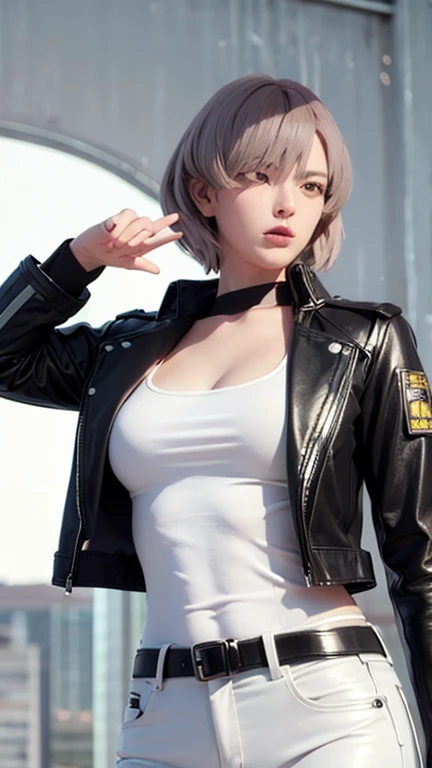 Best Quality, High image quality, super high quality, 8k, masterpiece, detailed, extremely detailed, insanely detailed, ultra detailed, ultra highres ,Exquisite,
Realistic画像,Cinematic Experience,uhd images,Realistic,Realistic,超Realistic,Vivid,RAW Photos,Shooting with a digital SLR, One Girl, (Black Leather Jacket:1.3), White tank top, Black leather pants, Cyberpunk City