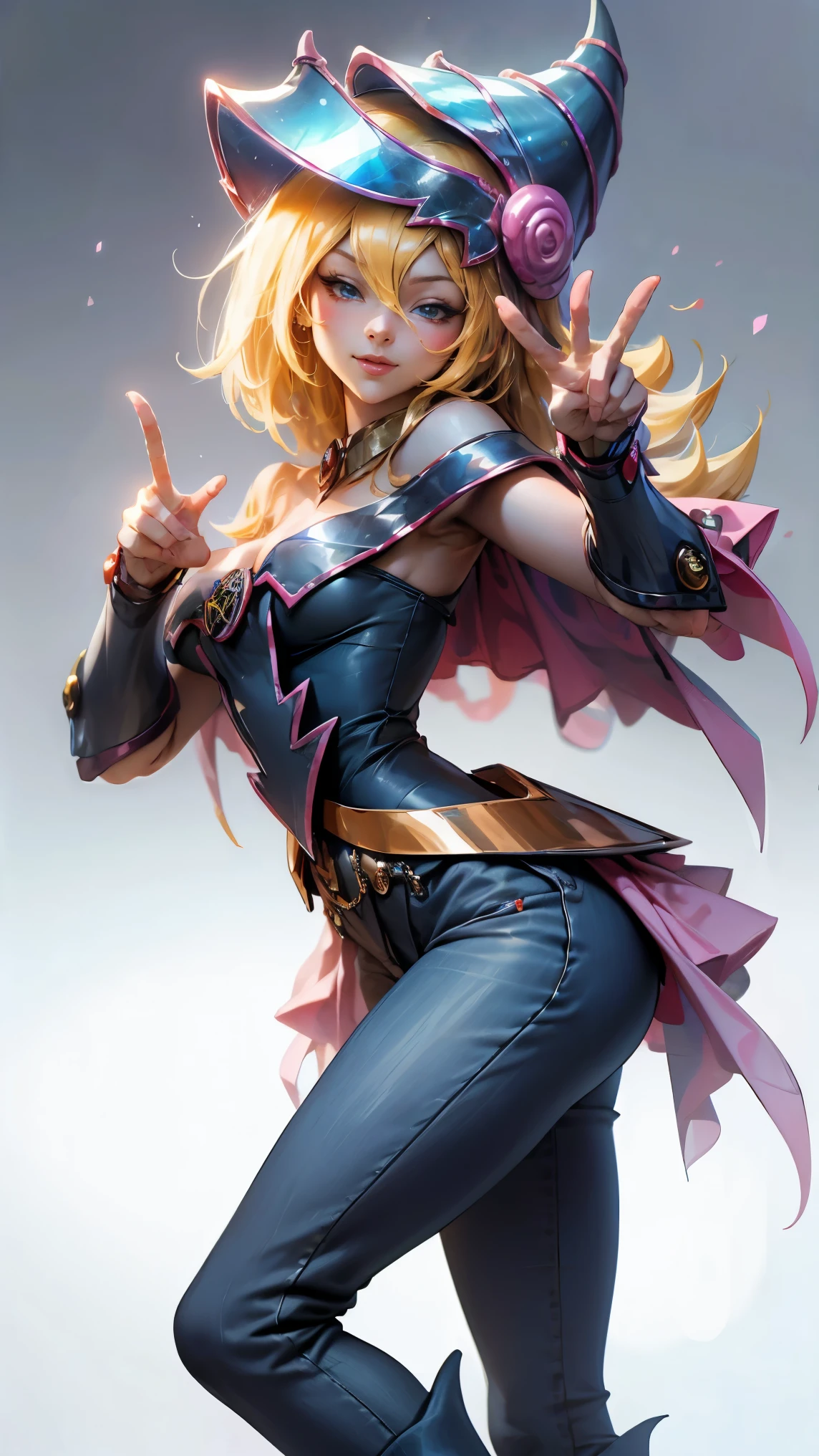 The beautiful dark mage Gils making the peace and love sign with her fingers. She smiles in a sexy pose while making the peace sign with her hands., He smiles and is flirtatious. She is dressed in dark, skinny jeans and heels . Drees de cristal. Ropa transparente y traslúcido.