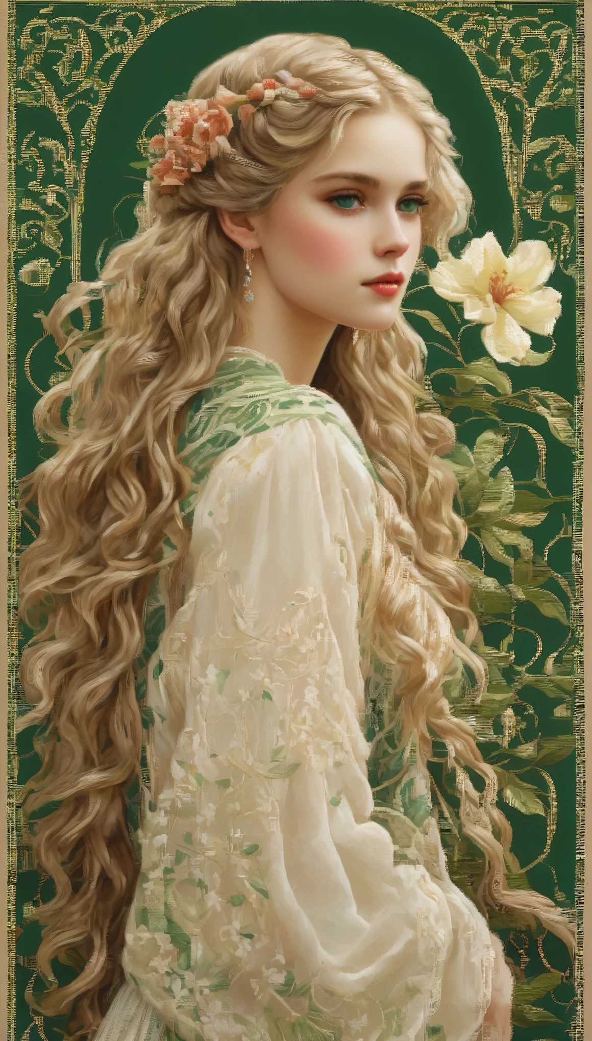 A delicate, vintage-inspired portrait of a young girl with intricately detailed green eyes, long strands of soft, pale hair cascading down her back, adorned with a delicate flower intricately woven into her curls, traditional tissu cross stitch embroidery. The model's features are reproduced in exquisite, high-resolution detail, as if taken from a museum-quality print. Framed by an antique, worn border, the image exudes a sense of nostalgia and timeless elegance, inviting the viewer into a bygone era of refinement and beauty. The overall effect is one of soft, dreamy realism, as if the theme had been plucked from a forgotten era and transported to the present, where it reigns supreme in all its vintage glory.