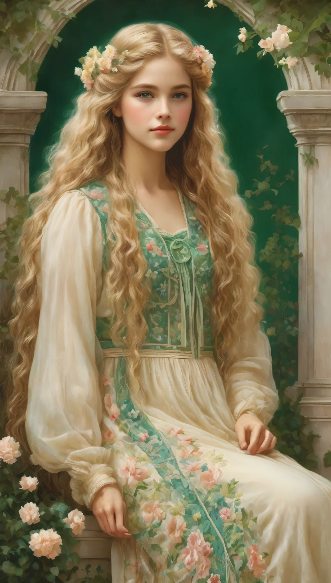 A delicate, vintage-inspired portrait of a young girl with intricately detailed green eyes, long strands of soft, pale hair cascading down her back, adorned with a delicate flower intricately woven into her curls, traditional tissu cross stitch embroidery. The model's features are reproduced in exquisite, high-resolution detail, as if taken from a museum-quality print. Framed by an antique, worn border, the image exudes a sense of nostalgia and timeless elegance, inviting the viewer into a bygone era of refinement and beauty. The overall effect is one of soft, dreamy realism, as if the theme had been plucked from a forgotten era and transported to the present, where it reigns supreme in all its vintage glory.