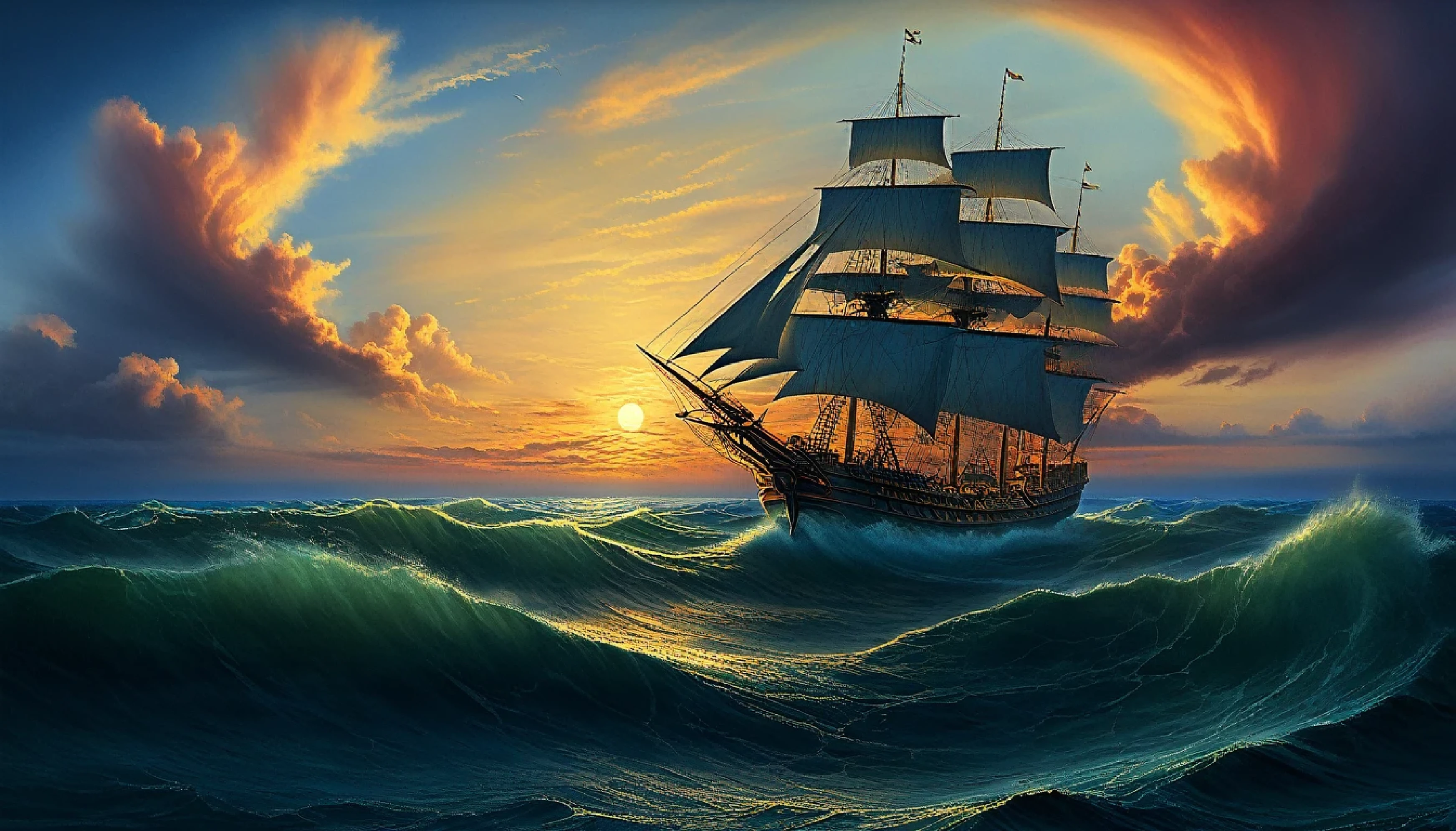 Picture of the ship, floating on the ocean at sunset, Epic Surrealism 8k Oil Painting, inspired by Vladimir Kush, fantasy art realistic painting, inspired by Ivan Aivazovsky, sebastian pether, ship, lost in the storm, 4k high detail digital art, fantastic seascape, dramatic nautical scene, dramatic oil painting, Apocalyptic stormy seas