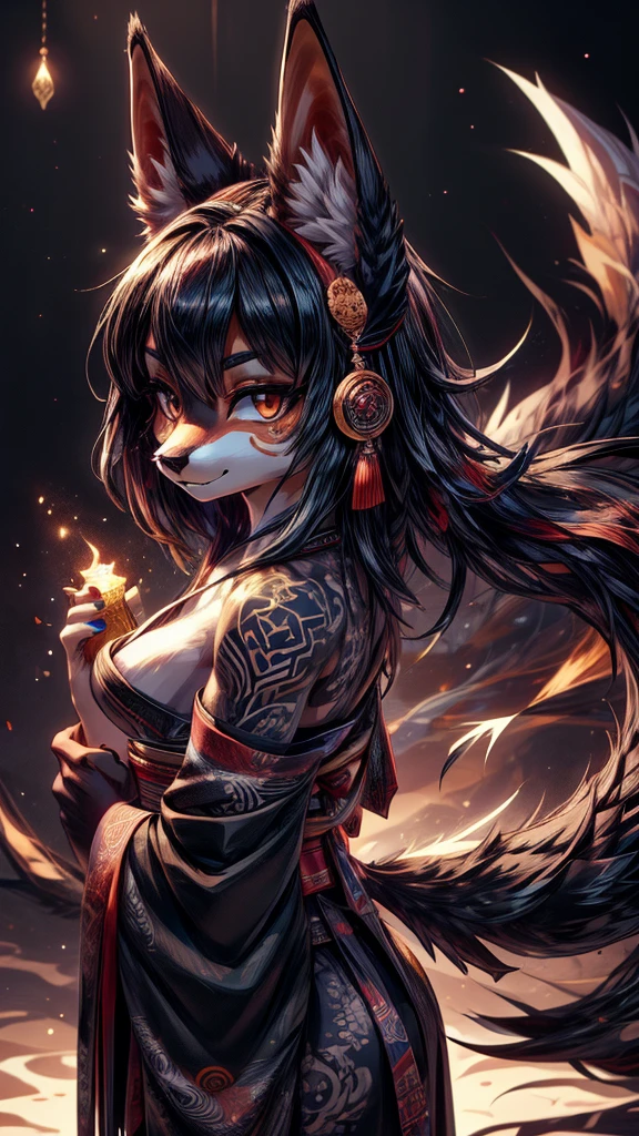 Masterpiece Best quality, the best definition to add aesthetic and lighting details black girl jackal, egiptian clothes,  girl, black body, japanese shrine landscape, golden tattoo body, sensual eyes, traditional kimono red pupil, glowing eyes. devilish girl, batwigs agregar_detail Ferocious fangs, sharp teeth, Demon yokai kitsune