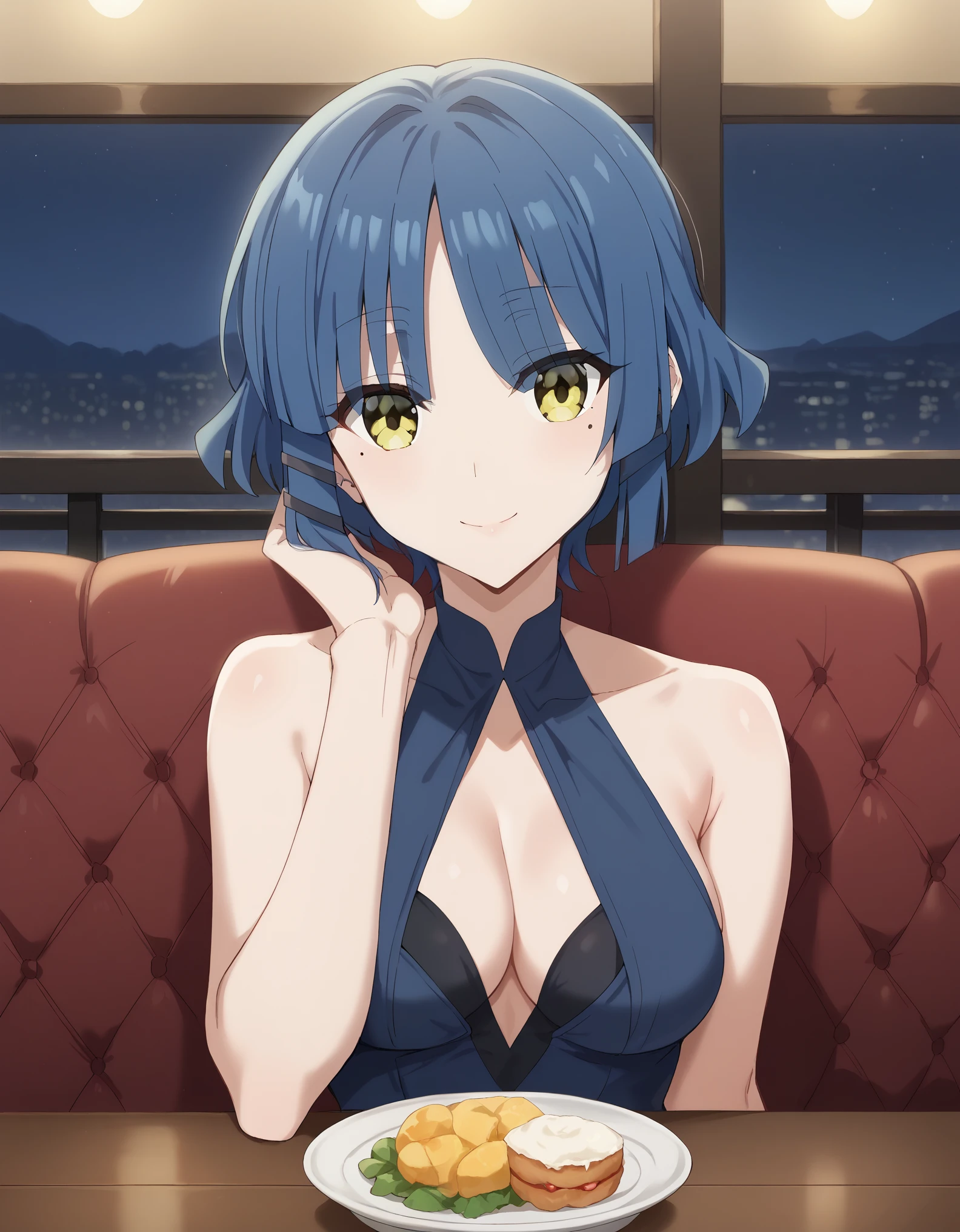 score_9, score_8_up, score_7_up, rating_safe, CONCEPT_PovDating_ownwaifu, solo,1girlryou yamada, blue hair, eyes visible through hair, mole, mole under eye, short hair, yellow eyes, hairclips, medium breasts, looking at viewer, indoors, pov across table, sitting, upper body, chair, pov dating, Smile sweetly, night, restaurant, drinks, foods, dishes, luxurious dress, deep cleavage, bare shoulder