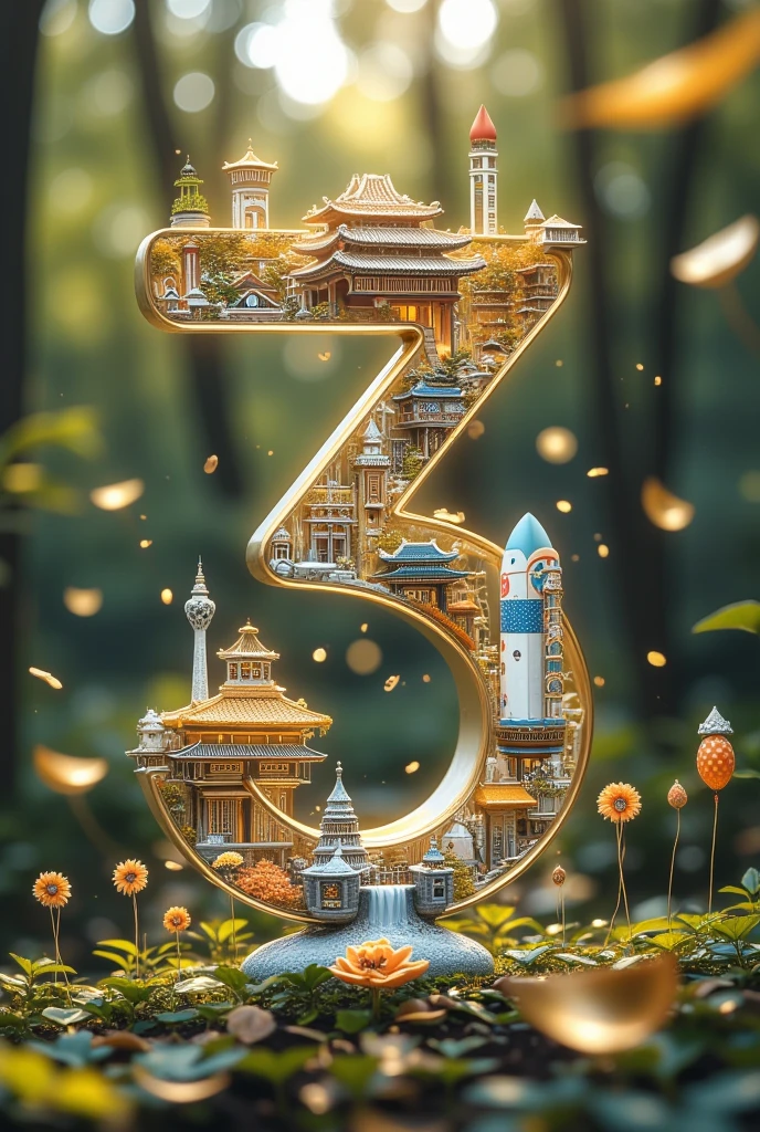 The numbers "7" and "5" are carefully drawn in 3D style with delicate golden lines. The number "7" is covered with distinctive buildings and flowers such as the Forbidden City, the Temple of Heaven,the Great Wall, and the beautiful peony flowers; while the number "5" is covered with iconic landmarks of modern China, majestic rockets,cute pandas,gorgeous fireworks, and a group of people releasing balloons. The edges of the numbers are surrounded by golden ribbon clouds,which are shining.