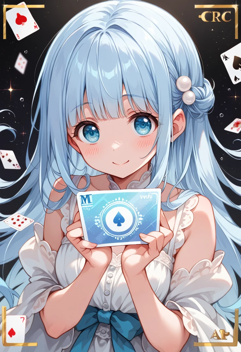 (illustration, official art:1.1), 1 girl ,(((( light blue hair)))), ,(((( light blue long hair)))),light blue hair, ,((blush)) , cute face, big eyes, masterpiece, best quality,(((((a very delicate and beautiful girl))))),Amazing,beautiful detailed eyes,blunt bangs((((little delicate girl)))),(((tareme))),droopy eyes.(true beautiful:1.2), sense of depth,dynamic angle,,,, affectionate smile, (true beautiful:1.2),,(tiny 1girl model:1.2),A high-quality hologram card depicting an anime-style girl, with glitter, mother-of-pearl, and a black background around the card, clear coloring, and colorful