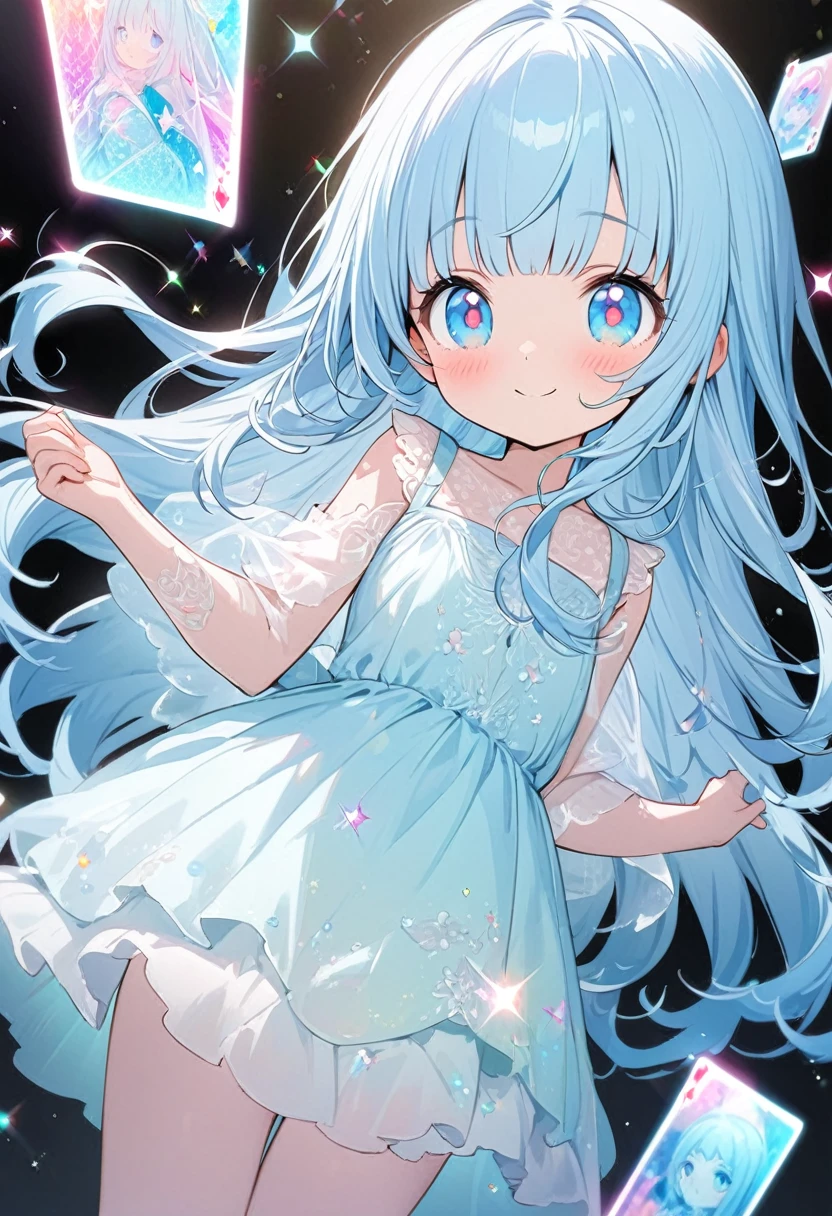 (illustration, official art:1.1), 1 girl ,(((( light blue hair)))), ,(((( light blue long hair)))),light blue hair, ,((blush)) , cute face, big eyes, masterpiece, best quality,(((((a very delicate and beautiful girl))))),Amazing,beautiful detailed eyes,blunt bangs((((little delicate girl)))),(((tareme))),droopy eyes.(true beautiful:1.2), sense of depth,dynamic angle,,,, affectionate smile, (true beautiful:1.2),,(tiny 1girl model:1.2),A high-quality hologram card depicting an anime-style girl, with glitter, mother-of-pearl, and a black background around the card, clear coloring, and colorful