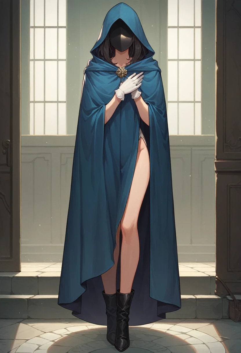 Highres witch, blonde bobcut hair, collarbone, lewd smile, blushed, small breast, completely naked, choker, hairband, round earring, fully naked, slim body, High string sandals heels, sidebag grimoire book, standing, spread legs, ((detailed background: garden, distant wizard tower)), masterpiece, high detailed, best quality,