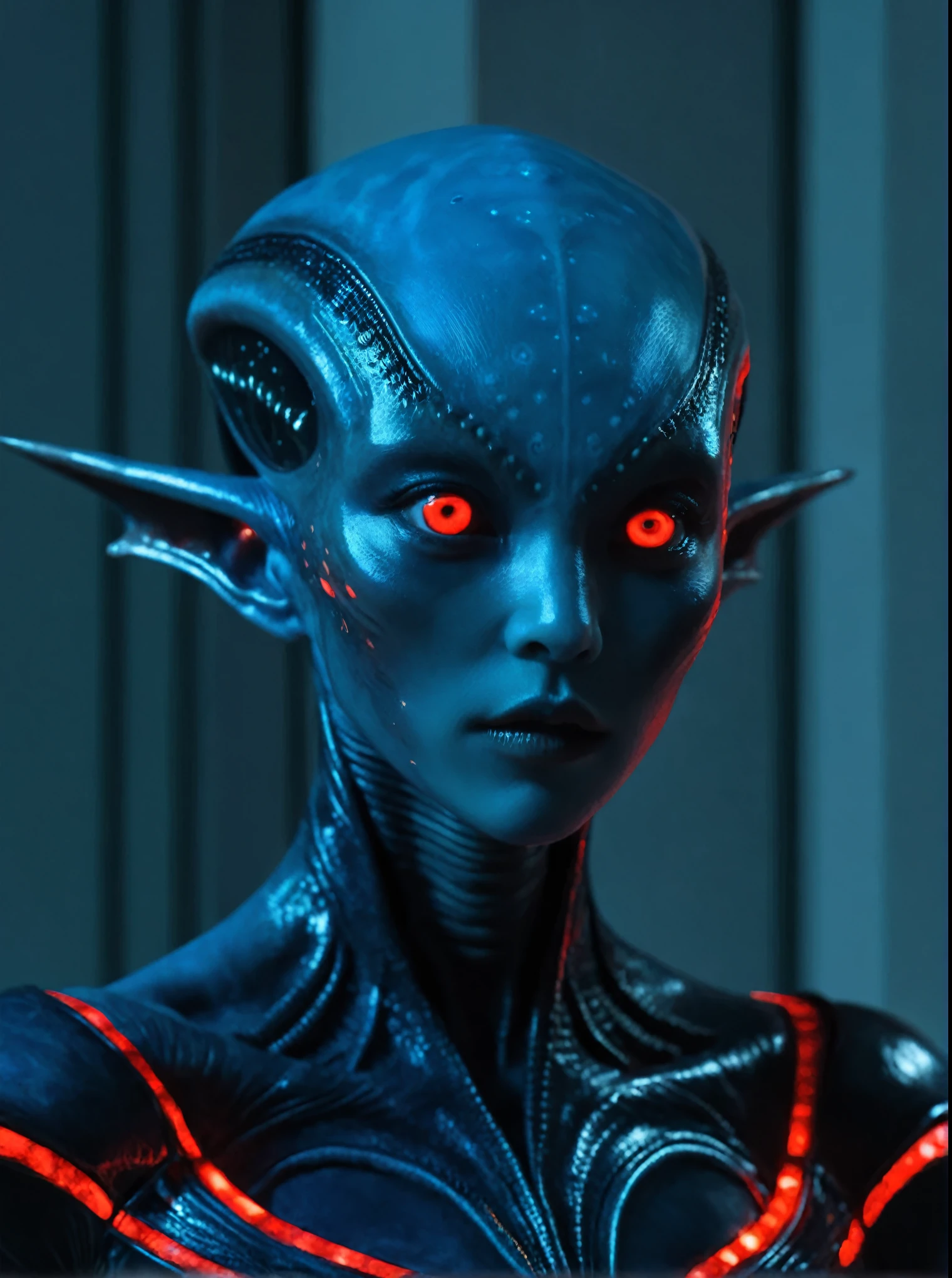 (A strange looking female alien:1.4), Red-glowing eyes, open mouth, Sharp Teeth, Mucus, Aesthetic physique, (Strange looking alien), Fighting Stance, Artistic Photo, 8k, Looking at the camera, Light background, Pretty Face, Blue Skin,Large Breasts。