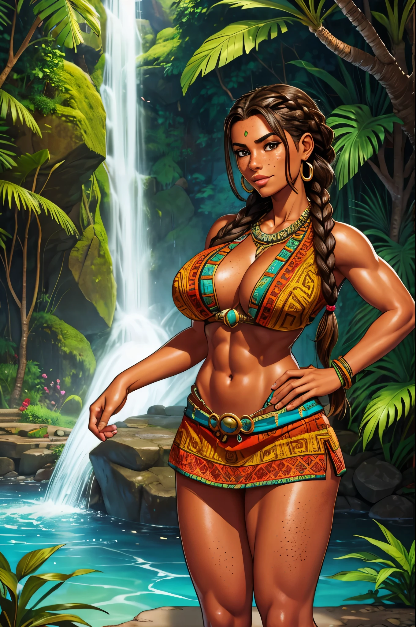 arafed woman in a bikini and headdress posing in front of a temple, aztec warrior goddess, aztec empress, mayan priestess, epic 3 d yemaya, aztec queen, epic 3 d oshun, aztec princess fights barbarians, goddess. extremely high detail, aztec sun goddess, ancient goddess, aztec princess portrait, indian goddess, night in the jungle, soft lighting, dynamic angle, (macaw yellow parrot feather) and (fish scale) clothes, [:(detailed face:1.2):0.2],(((forest background))), outside, torch lights in the forest