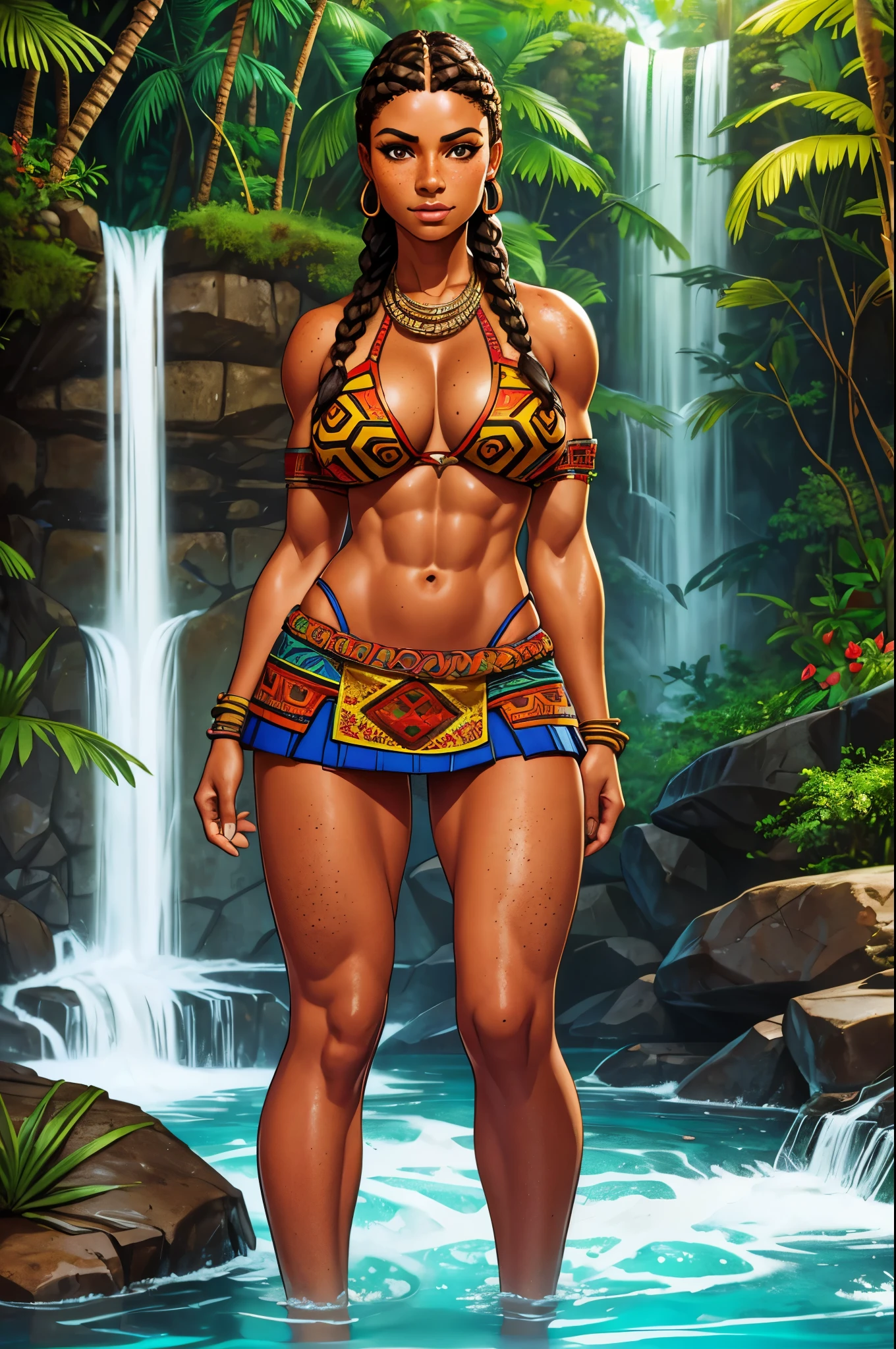 masterpiece, female, elegant face, dark wavy ponytail, dark tan, brown eyes, red tribal loincloth, jungle