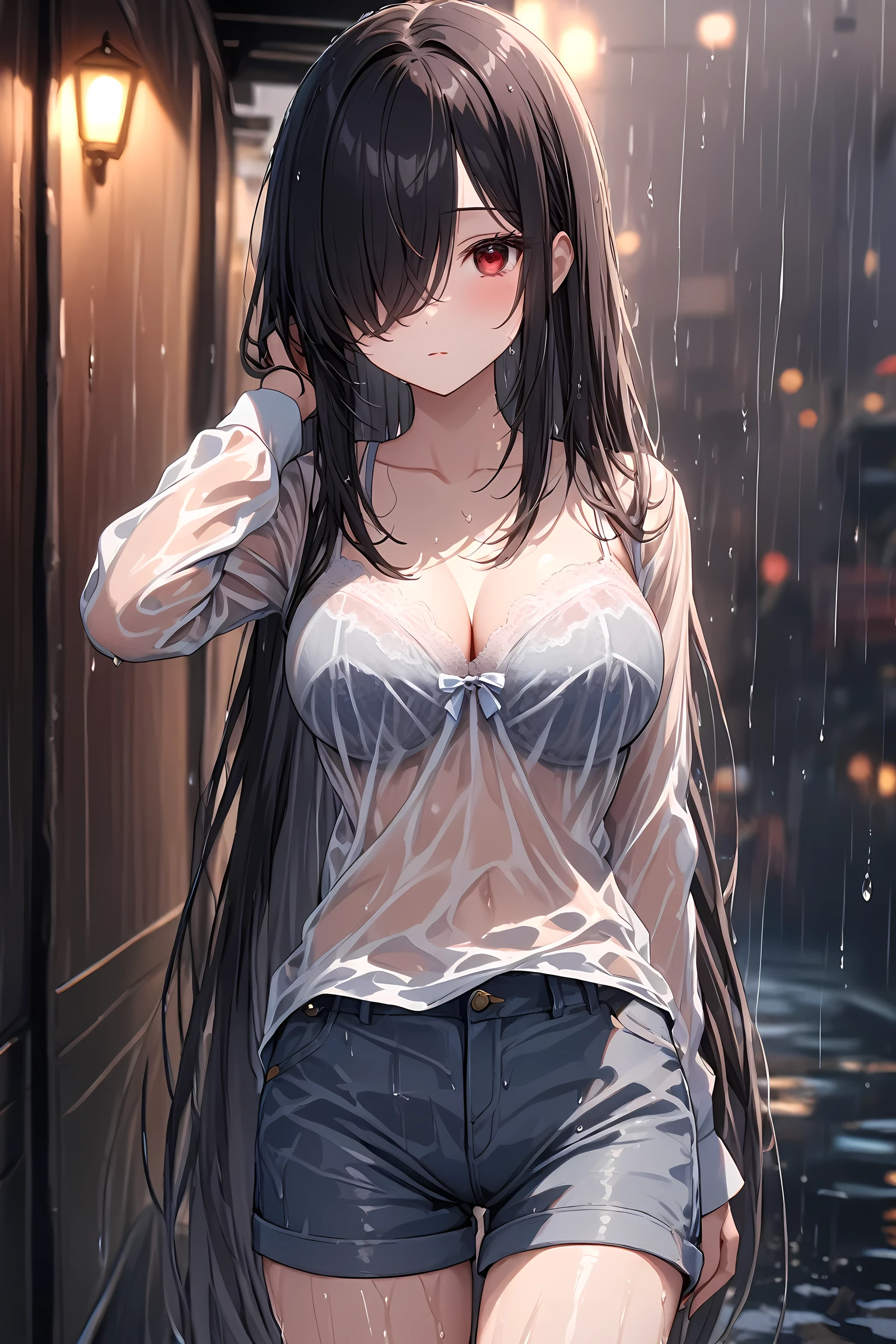 Full Body Portrait, 1girl, Solo, Looking at viewer, Shy, Cute, Red Eyes, Empty Eyes, Expressionless Eyes, Black Hair, Very Long Hair, Straight Hair, ((Hair Over One Eye, Swept Bangs:1.5)), Petite, Large breasts, Pale Skinned, Slender, Curvy, (Long Sleeves, Grey Top, Shorts, wet clothes, Bra see-through clothes), Standing, Raining, Outside, Cinematic Lighting, Masterpiece, 4K, Best Quality, High Resolution, Accurate, Award Winning, (SuperQuality:1.0) ~ (SuperQuality:1.2)