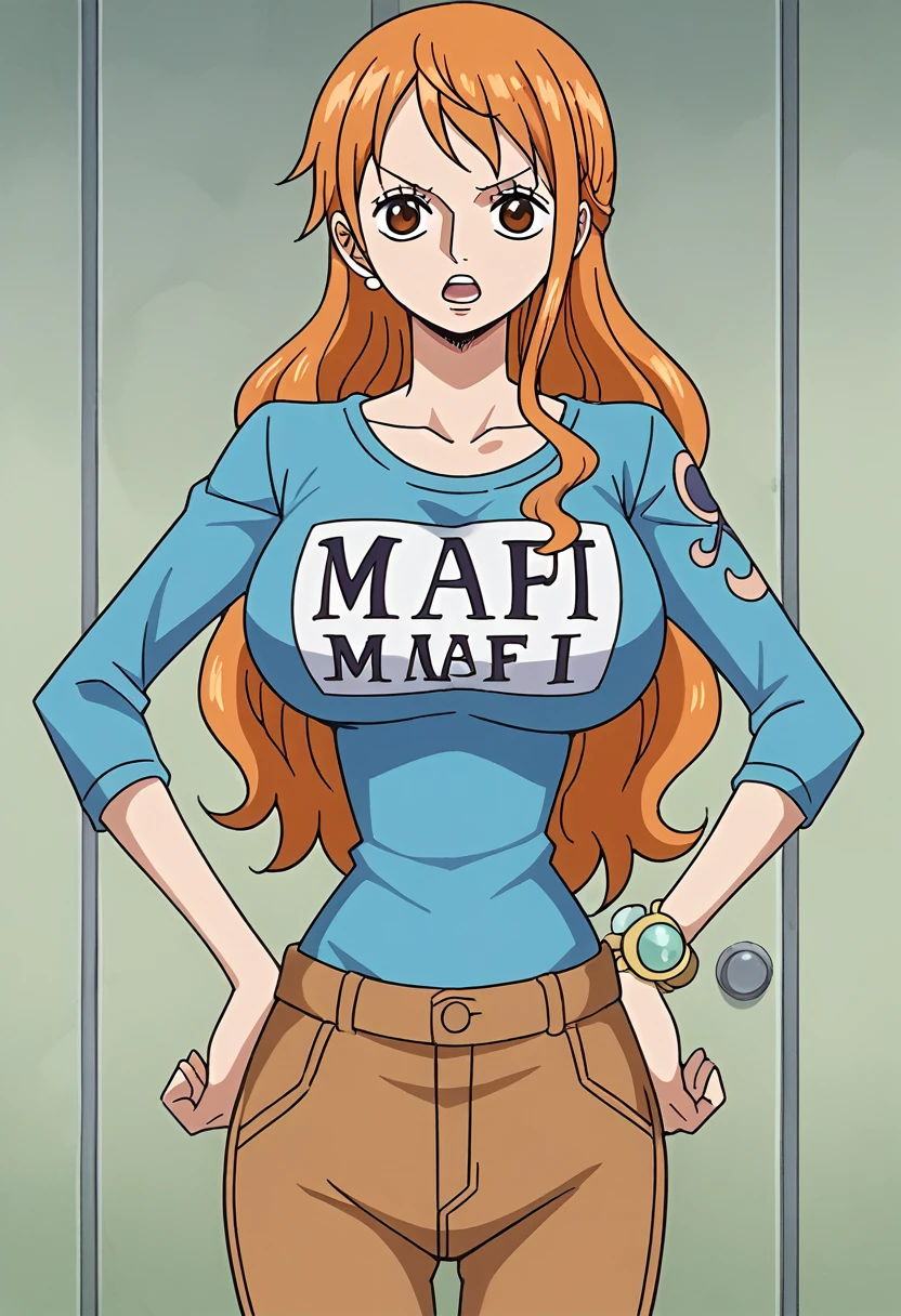 a cartoon picture of a woman in a  top and jeans, nami one piece, nami from one piece, nami, beautiful portrait of nami, from one piece, oppai, blue eyes, smoking, ponytail