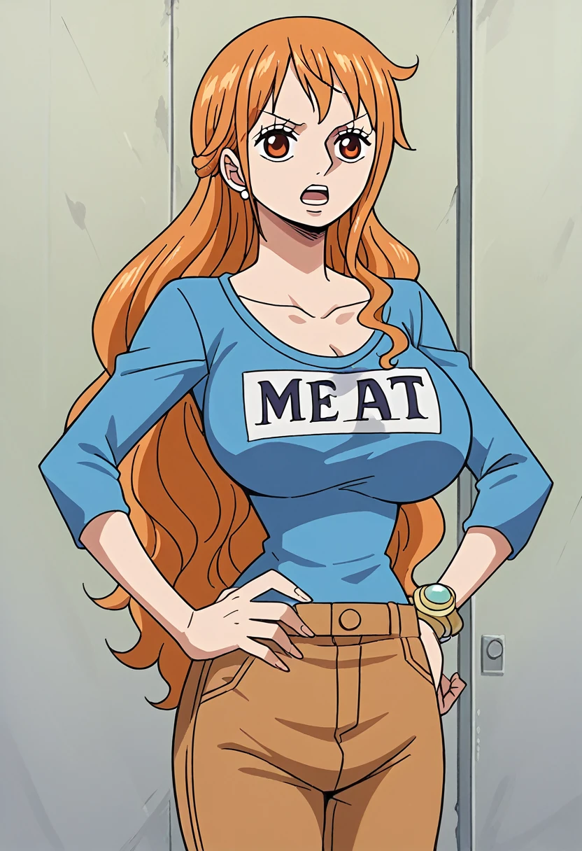 nami, best quality, masterpiece, ultra-detailed, high quality, highres, 1girl, mature female, beautiful, beautiful and perfect face, detailed eyes, detailed eyelashes, (black glasses:1.1), smile, open mouth, looking at viewer, (white t-shirt, pink shorts), large breasts, sexy curvy body, POV, close shot, from the front, standing, full body, feet, in home, open the door, leaning forward