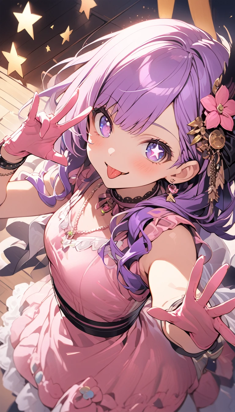 The character in the image has various distinctive features. She has short, wavy lavender hair with an orange and green flower ornament and a star-shaped clip. Her eyes are bright green, and she has a cheerful expression. She is making a "V" sign with her fingers and wears a swimsuit with white and purple elements, blue bows, and frilly edges. Accessories include a bangle on her left wrist. There is also a plaster or bandage on her left thigh. The color palette creates a harmonious look, giving off a fun and playful summer vibe.