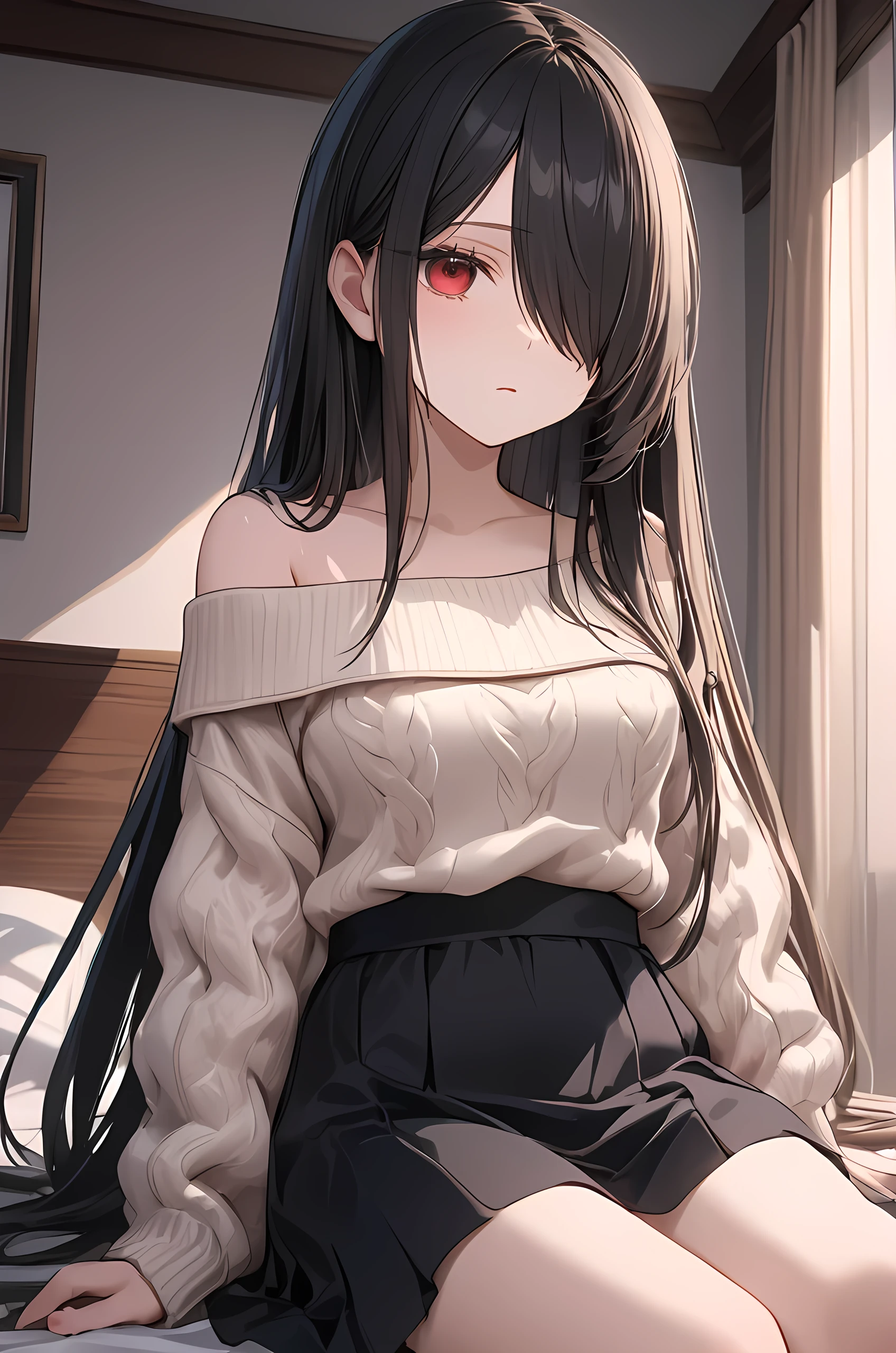 Cowboy Shot, 1girl, Solo, Looking at viewer, Shy, Cute, Red Eyes, Empty Eyes, Expressionless Eyes, Black Hair, Very Long Hair, Straight Hair, ((Hair Over One Eye, Swept Bangs:1.5)), Petite, Large breasts, Pale Skinned, Slender, Curvy, (Red off-shoulder sweater, Black Skirt), Sitting, Bed, Room, Cinematic Lighting, Masterpiece, 4K, Best Quality, High Resolution, Accurate, Award Winning, (SuperQuality:1.0) ~ (SuperQuality:1.2)