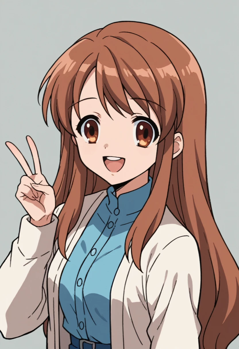 score_9, score_8_up, score_7_up, source_anime, 1girl, solo, best quality, clear face,  mikuru asahina, long hair, brown hair, brown eyes, blue dress, white  cropped cardigan, long sleeves, perfect body,  Masterpiece, beautiful art, professional artist, 8k, very detailed face, very detailed hair, mouth open, smile, v, peace sing, 