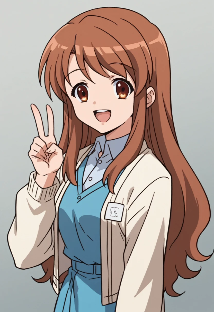 score_9, score_8_up, score_7_up, source_anime, 1girl, solo, best quality, clear face,  mikuru asahina, long hair, brown hair, brown eyes, blue dress, white  cropped cardigan, long sleeves, perfect body,  Masterpiece, beautiful art, professional artist, 8k, very detailed face, very detailed hair, mouth open, smile, v, peace sing, 