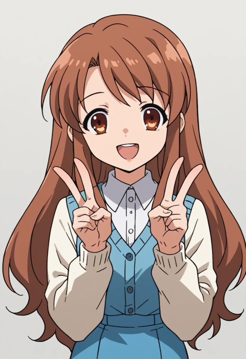 score_9, score_8_up, score_7_up, source_anime, 1girl, solo, best quality, clear face,  mikuru asahina, long hair, brown hair, brown eyes, blue dress, white  cropped cardigan, long sleeves, perfect body,  Masterpiece, beautiful art, professional artist, 8k, very detailed face, very detailed hair, mouth open, smile, v, peace sing, 