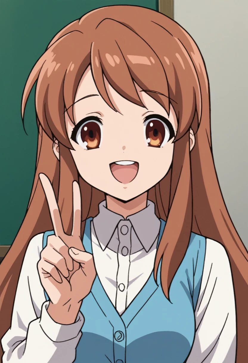 score_9, score_8_up, score_7_up, source_anime, 1girl, solo, best quality, clear face,  mikuru asahina, long hair, brown hair, brown eyes, blue dress, white  cropped cardigan, long sleeves, perfect body,  Masterpiece, beautiful art, professional artist, 8k, very detailed face, very detailed hair, mouth open, smile, v, peace sing, 