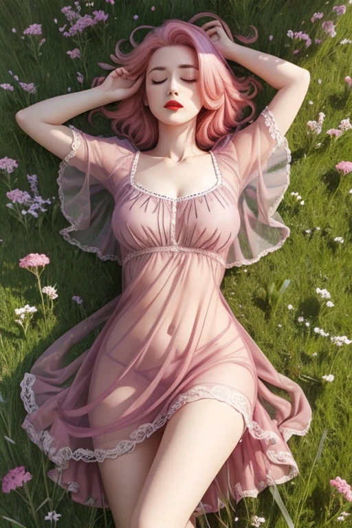 woman on a meadow, red lipstick, top view, transparent clothes, highly detailed, pink hair, ultra realistic, sleeping in the grass