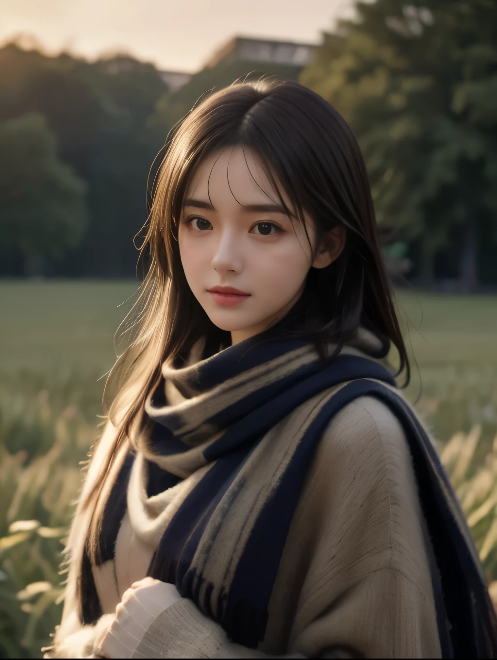 8K, best quality, masterpiece, realistic, ultra detail, photo realistic, Increase quality, a photo of a girl standing in a field with a scarf, in the style of dark and brooding designer, voluminous mass, photobash, serene faces, jagged edges, navy, natural beauty,