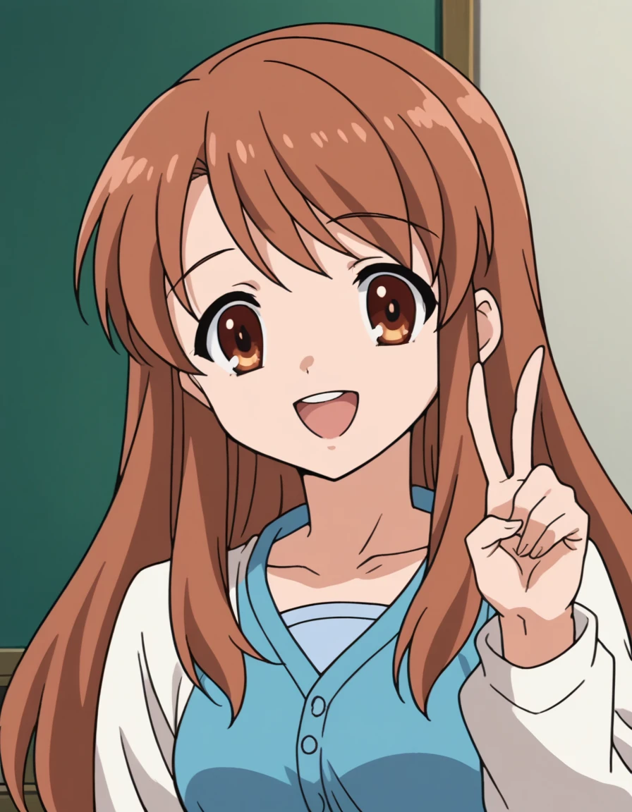 score_9, score_8_up, score_7_up, source_anime, 1girl, solo, best quality, clear face, mikuru asahina, long hair, brown hair, brown eyes, blue dress, white cropped cardigan, long sleeves, perfect body, Masterpiece, beautiful art, professional artist, 8k, very detailed face, very detailed hair, mouth open, smile, v, peace sing, collardbone