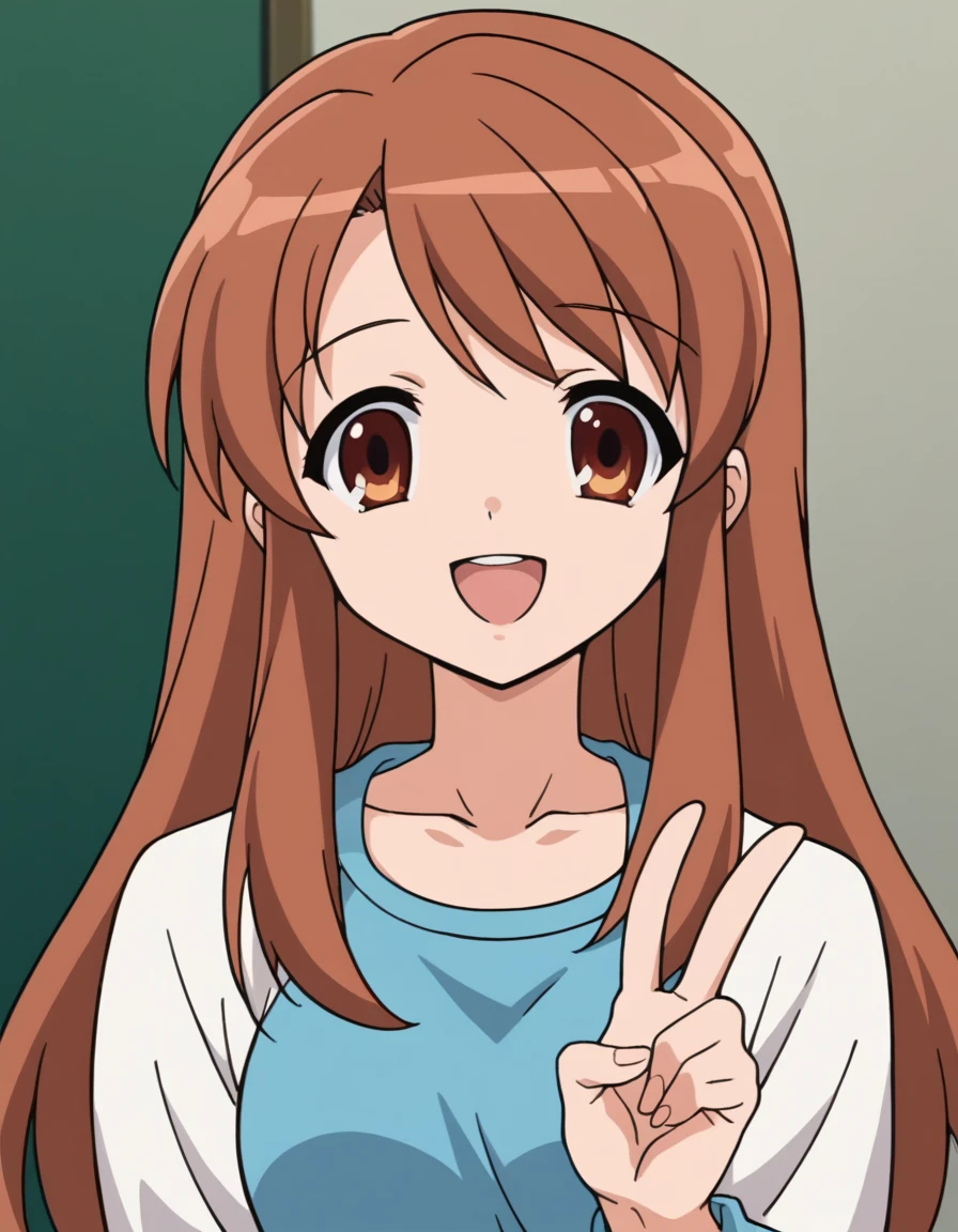 score_9, score_8_up, score_7_up, source_anime, 1girl, solo, best quality, clear face, mikuru asahina, long hair, brown hair, brown eyes, blue dress, white cropped cardigan, long sleeves, perfect body, Masterpiece, beautiful art, professional artist, 8k, very detailed face, very detailed hair, mouth open, smile, v, peace sing, collardbone