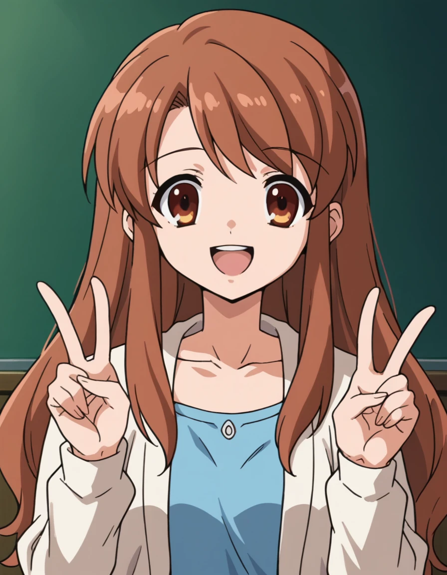 score_9, score_8_up, score_7_up, source_anime, 1girl, solo, best quality, clear face, mikuru asahina, long hair, brown hair, brown eyes, blue dress, white cropped cardigan, long sleeves, perfect body, Masterpiece, beautiful art, professional artist, 8k, very detailed face, very detailed hair, mouth open, smile, v, peace sing, collardbone