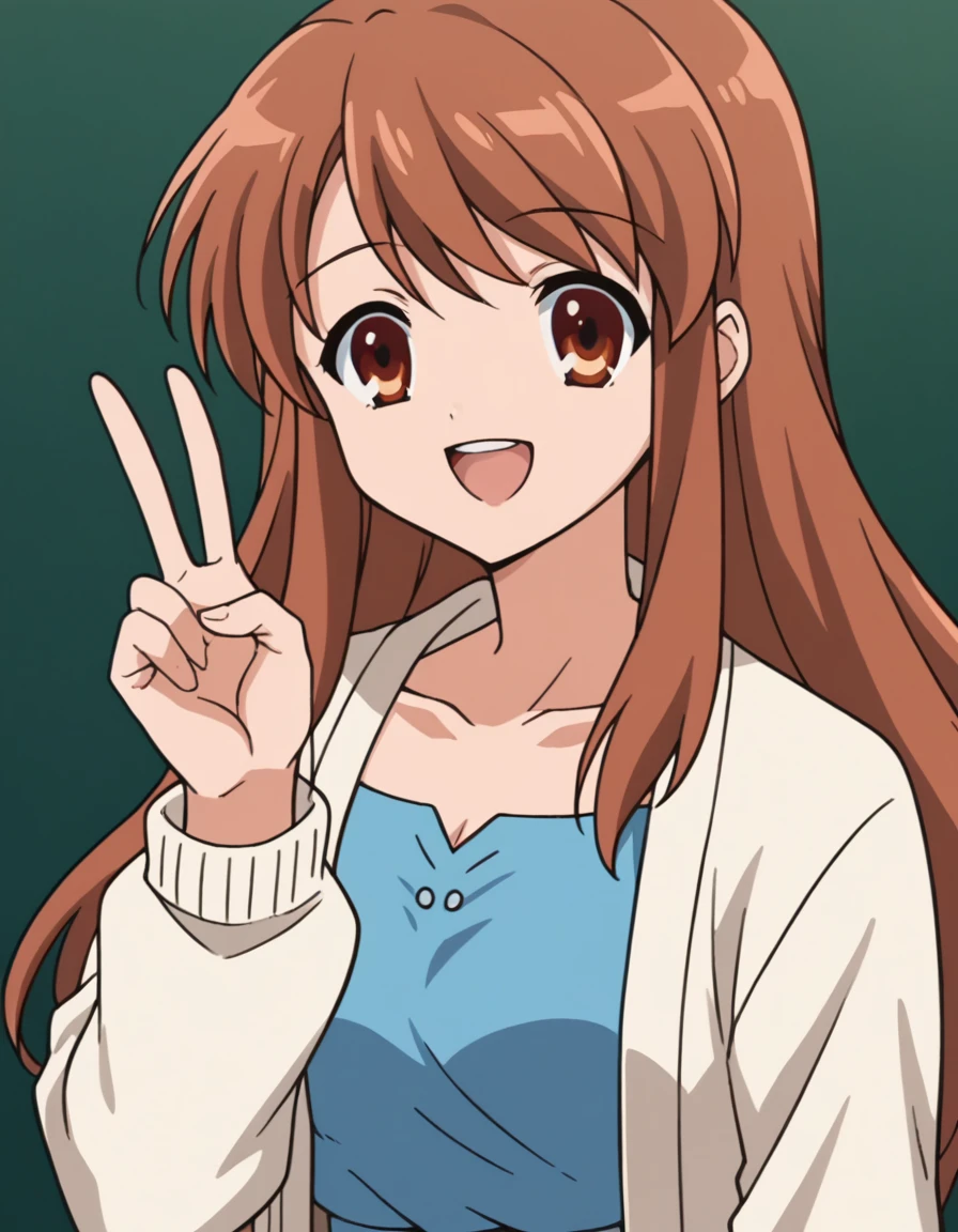 score_9, score_8_up, score_7_up, source_anime, 1girl, solo, best quality, clear face, mikuru asahina, long hair, brown hair, brown eyes, blue dress, white cropped cardigan, long sleeves, perfect body, Masterpiece, beautiful art, professional artist, 8k, very detailed face, very detailed hair, mouth open, smile, v, peace sing, collardbone