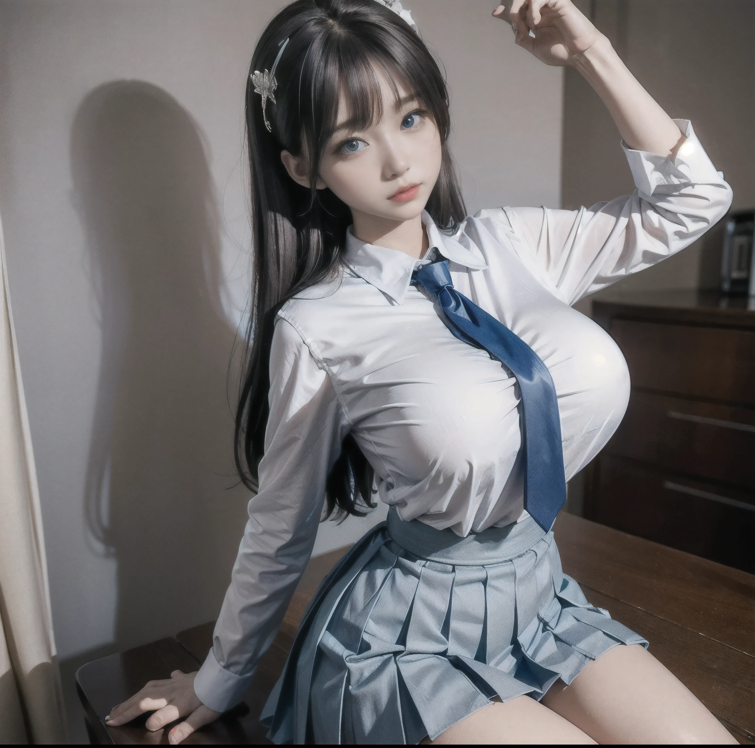 8K quality, Masterpiece, Bright lighting without shadows, Two busty women standing side by side, (Super big breasts compressed by clothes), Whitening skin, Sparkling Blue Eyes, Deep crimson sailor collar uniform, Pleated skirt, Above the knee, Skirtliftv1, (Super big breasts squeezed with hands:1.2), (A frontal shot that emphasizes her huge breasts), White panties, Breast Grab, skirtlift