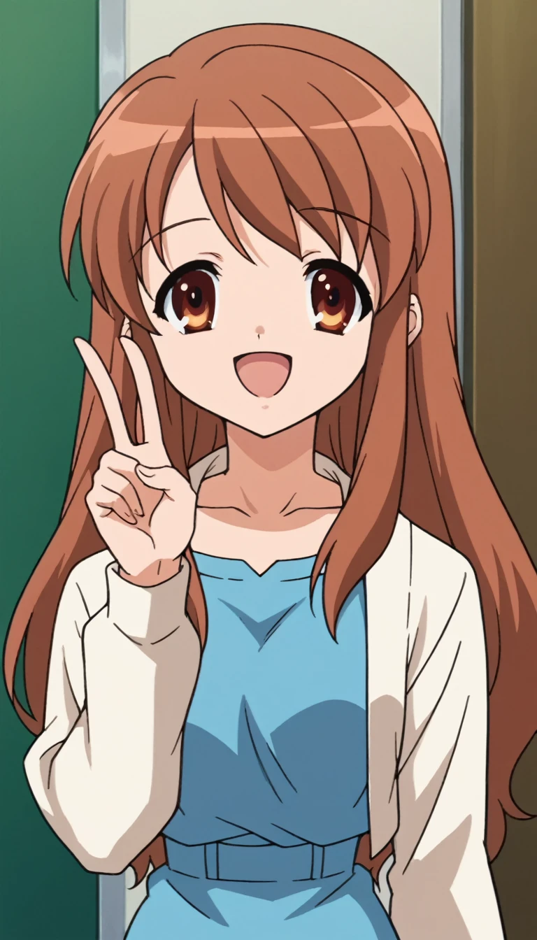 score_9, score_8_up, score_7_up, source_anime, 1girl, solo, best quality, clear face, mikuru asahina, long hair, brown hair, brown eyes, blue dress, white cropped cardigan, long sleeves, perfect body, Masterpiece, beautiful art, professional artist, 8k, very detailed face, very detailed hair, mouth open, smile, v, peace sing, collardbone