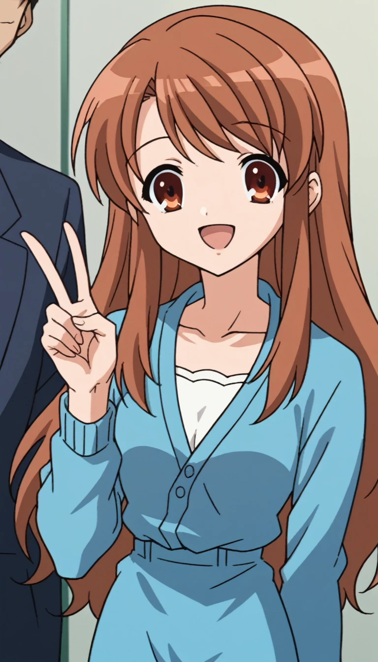 score_9, score_8_up, score_7_up, source_anime, 1girl, solo, best quality, clear face, mikuru asahina, long hair, brown hair, brown eyes, blue dress, white cropped cardigan, long sleeves, perfect body, Masterpiece, beautiful art, professional artist, 8k, very detailed face, very detailed hair, mouth open, smile, v, peace sing, collardbone