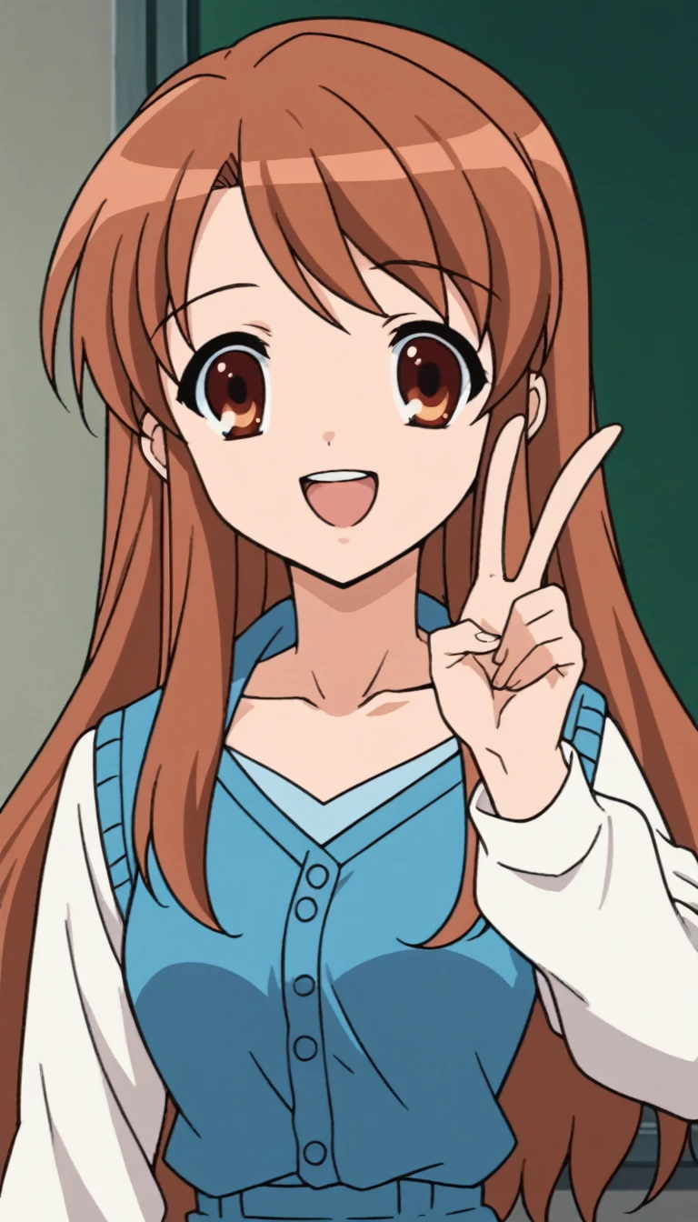 score_9, score_8_up, score_7_up, source_anime, 1girl, solo, best quality, clear face, mikuru asahina, long hair, brown hair, brown eyes, blue dress, white cropped cardigan, long sleeves, perfect body, Masterpiece, beautiful art, professional artist, 8k, very detailed face, very detailed hair, mouth open, smile, v, peace sing, collardbone