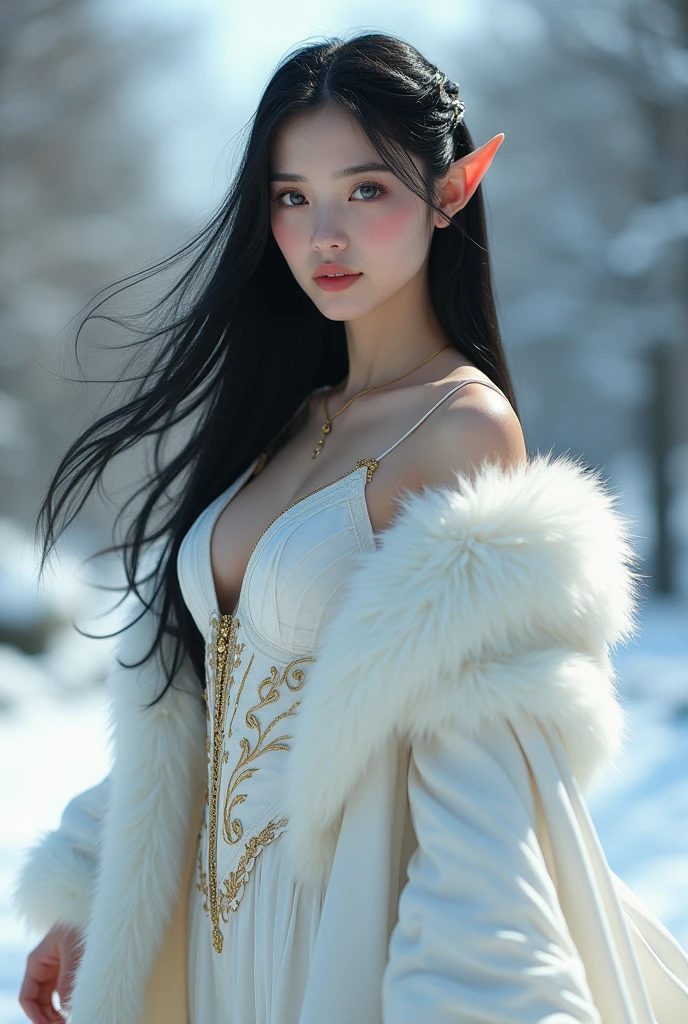 Viking woman, long black hair, light brown eyes, slight smile, beautiful and defined body, cinnamon skin, in a snowy forest. She is wearing a white dress with blue accents and a low neckline.