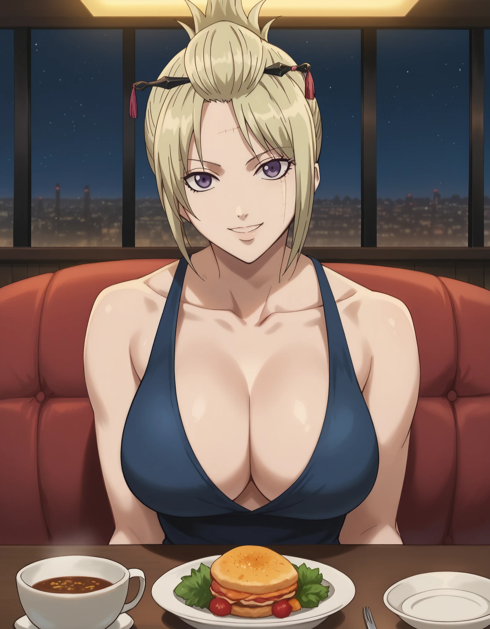 score_9, score_8_up, score_7_up, rating_safe, CONCEPT_PovDating_ownwaifu, solo,1girl,Tsukuyo, blonde hair, folded ponytail, scar on face, purple eyes, collarbone, large breasts, looking at viewer, indoors, pov across table, sitting, upper body, chair, pov dating, Smile sweetly, night, restaurant, drinks, foods, dishes, luxurious dress, deep cleavage, bare shoulder