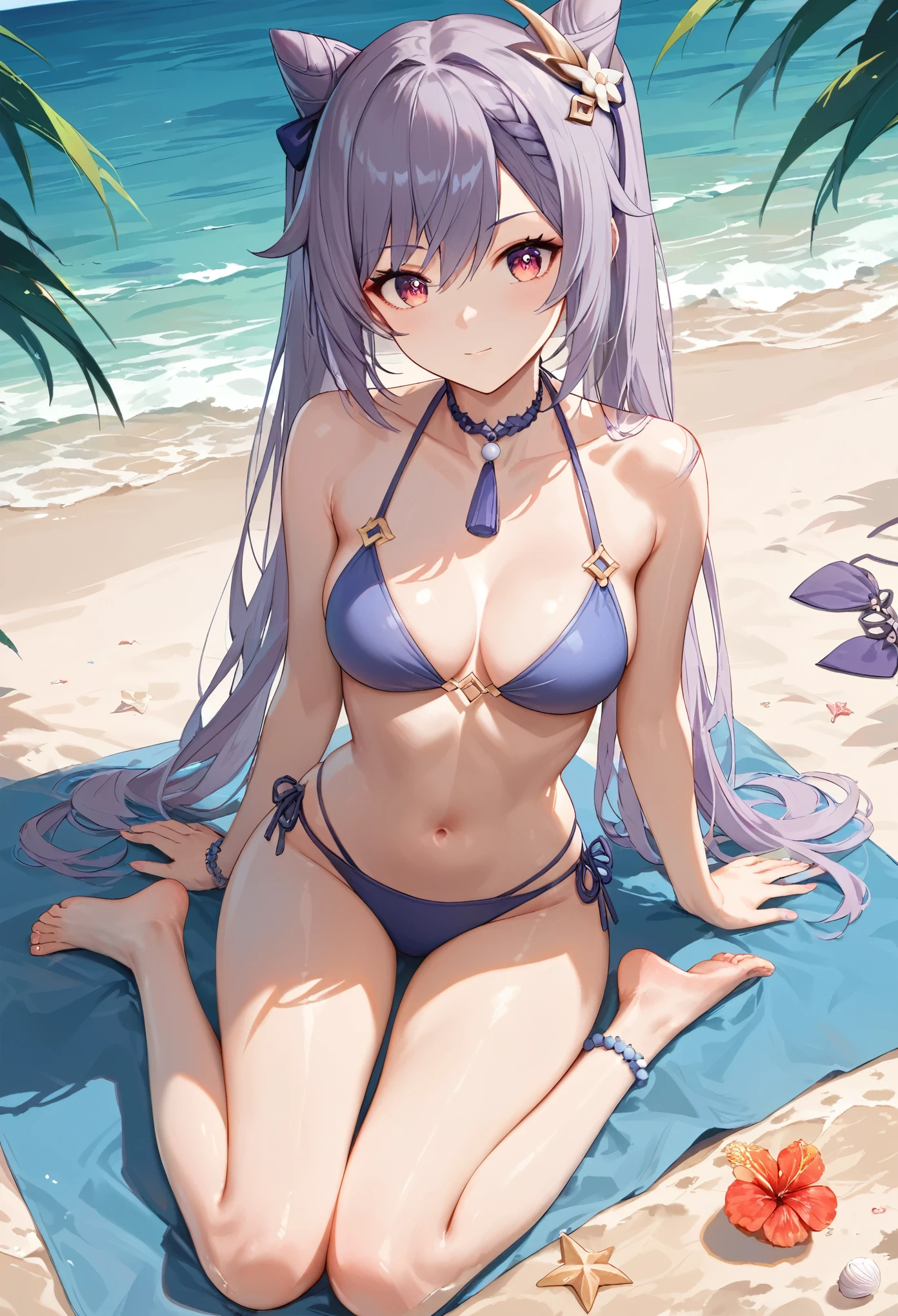 score_9, score_8_up, score_7_up,source_anime, high res image,masterpiece,best quality,girl,cute face,clear skin,keqing_genshin,bikini,beach,feet_pose,