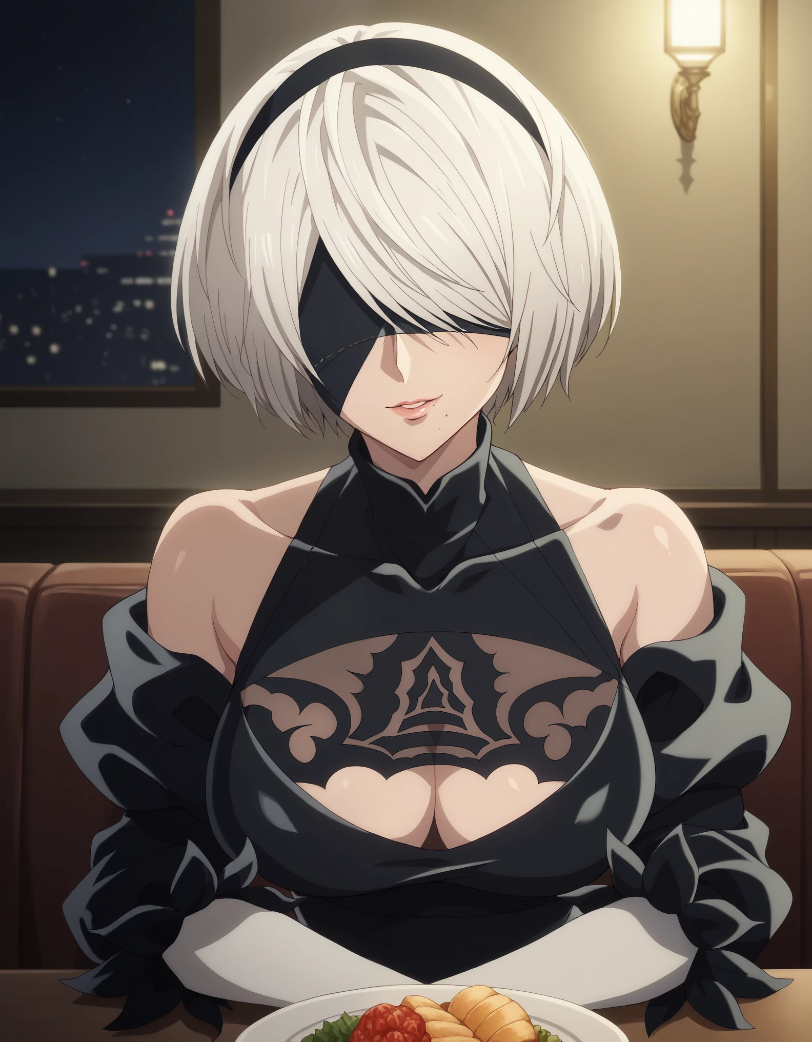 score_9, score_8_up, score_7_up, rating_safe, CONCEPT_PovDating_ownwaifu, solo,1girl,2b, yorha no. 2 type b, short hair, white hair, hairband, black hairband, mole under mouth, blindfold, covered eyes, black blindfold,large breasts, looking at viewer, indoors, pov across table, sitting, upper body, chair, pov dating, Smile sweetly, night, restaurant, drinks, foods, dishes, luxurious dress, deep cleavage, bare shoulder