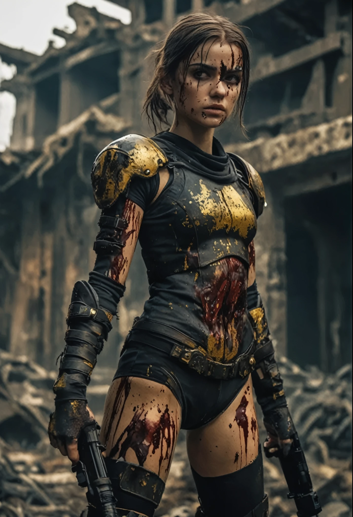 A close up fight scene. A lone  female vaultgirl warrior, is surrounded by male mutant monsters and is fighting for her life inside apocalyptic ruins.  The monsters are her enemies and are (dark grey) human-mutants with oversized highly veined muscles and rotting flesh and clothes.  The  VaultGirl is fighting with her gun and spear. She is a Girl warrior with Runic tattoos, , SLIM, petite, small girl, long legs short torso type body, ((dirty face Blood splattered)), (wearing full heavy Vaultgirl black and gold vaultsuit, combat harness,), Sci fi move scene. Professionally color graded, professional photography, well drawn, masterpiece, hyper realistic, ultra detailed, high quality, best quality, 4k, 8k, hi resolution