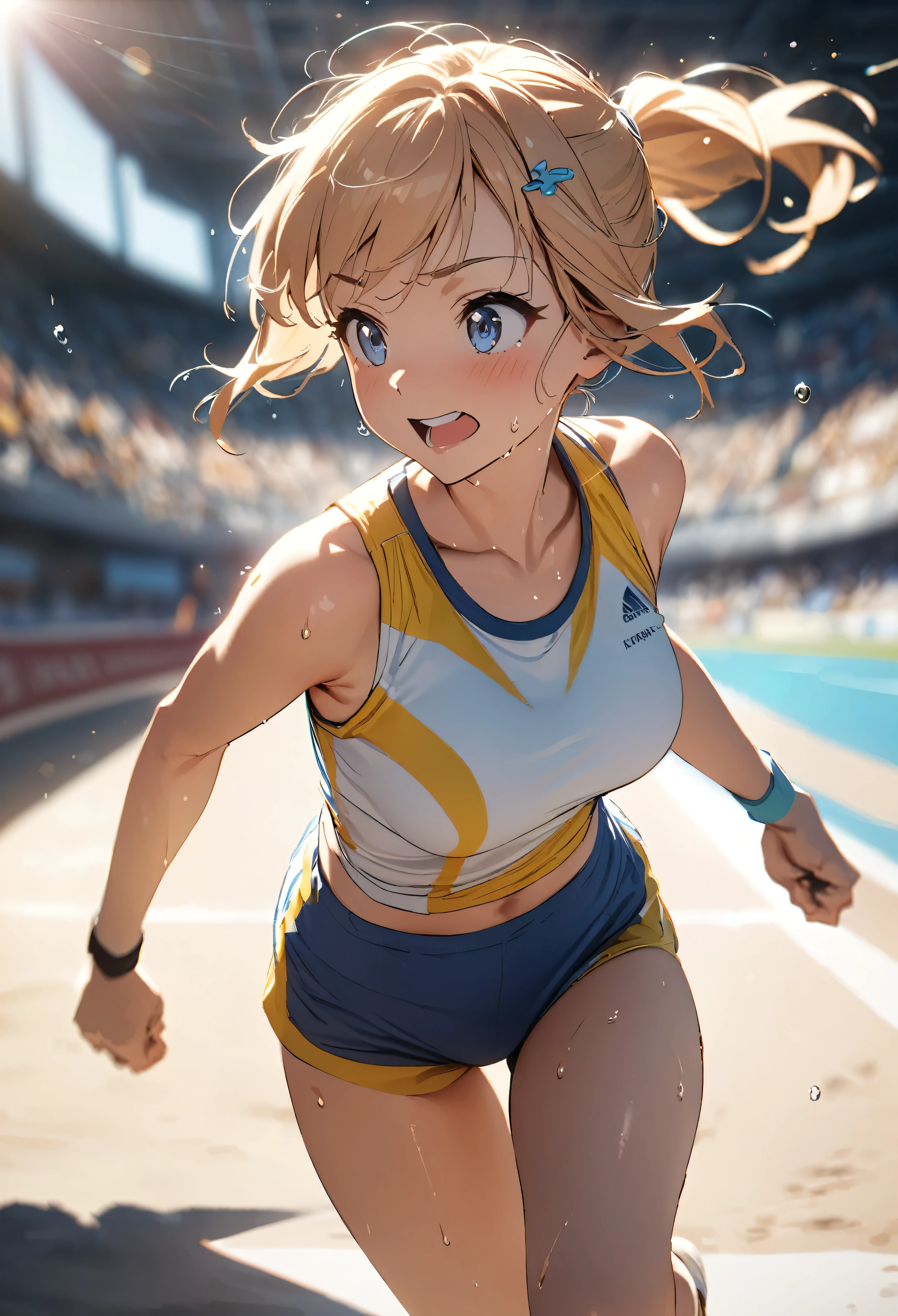 1 girl, (whole body:1.5), ((Mature woman jumping high over hurdles towards viewers on track:1.3, dynamic action pose:1.2, the left leg is straight and rises high:1.25, leaning forward, sprinting at full speed:1.2, Athletic competition:1.2)), ((Wearing white sports leggings and sports tank top:1.2)), (fine eyes, super detailed face:1.2, look away), (ultra high resolution, 8K RAW photo, Ultra-Realistic, textile shading), outdoor, ((correct anatomy:1.37)), image centered, (Shoulder Focus:1.2), ((From the front center:1.37)), dynamic angle, from below,