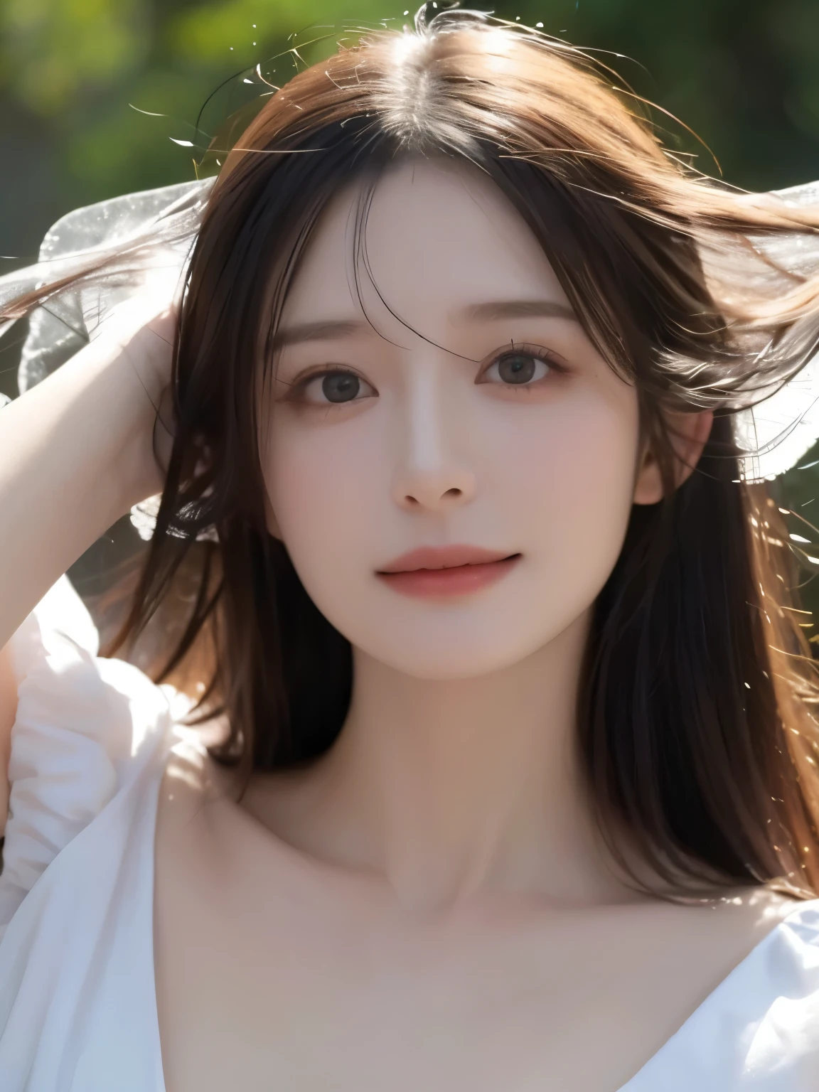 1woman,28yo,Close up,((face focused)),Detailed details,、high resolution、high quality、Perfect dynamic composition、Beautiful detailed eyes、Natural Color Lip、1 persons、Transparent skin、Glowing hair、smiling,masterpiece、Best Quality、finely detail、high resolution、8K、The correct state of the human body、randome pose、Gravure Model Pose、Hair soaring in the wind
