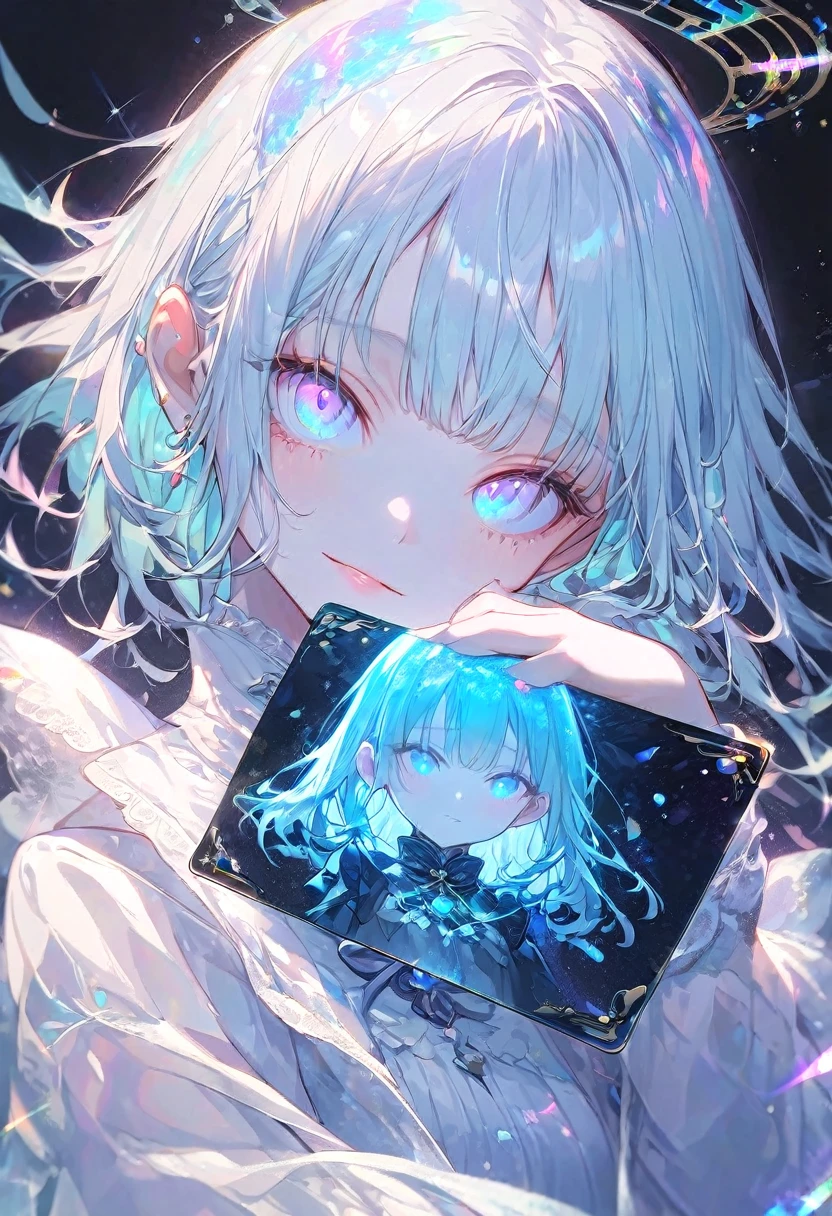 (illustration, official art:1.1), 1 girl ,(((( light blue hair)))), ,(((( light blue long hair)))),light blue hair, ,((blush)) , cute face, big eyes, masterpiece, best quality,(((((a very delicate and beautiful girl))))),Amazing,beautiful detailed eyes,blunt bangs((((little delicate girl)))),(((tareme))),droopy eyes.(true beautiful:1.2), sense of depth,dynamic angle,,,, affectionate smile, (true beautiful:1.2),,(tiny 1girl model:1.2),A high-quality hologram card depicting an anime-style girl, with glitter, mother-of-pearl, and a black background around the card, clear coloring, and colorful