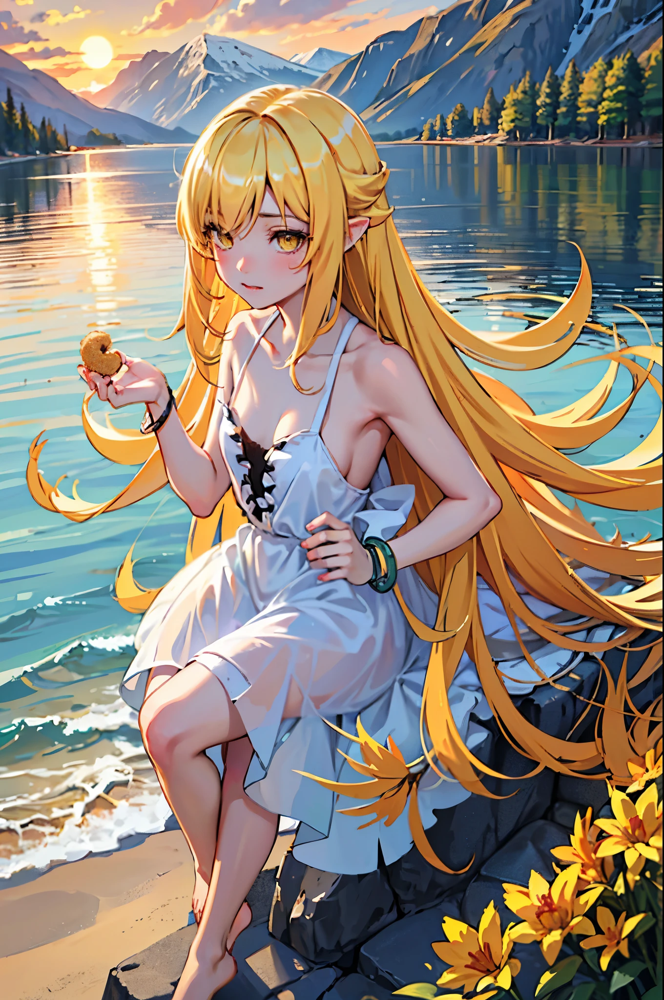 1girl in, Alone, Female, (Oshino_Shinobu),(Blonde) (Blonde_hair), (yellow_hair), ((long_hair)), ((bangs)), (yellow_eyes), blush, Cute, Innocent face, spiky_Ears, (blush_a sticker), Flat_Chest,
Dress, Bow, Bracelet, tusk, Holding_food, donut, inner strength, Eating, food, spark of light, sparkly eyes, Particle, Happy, toenails, Hands, Fingers, retention
Global Illumination, nffsw, Subsurface scattering, masutepiece, 4K, raytrace, Beautiful, sharp, Smooth skin, bloom, anime
sunset, Nature, mountainscape, Clouds, tussock, Flowers, fireflys, lake