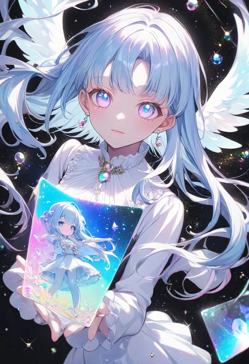 (illustration, official art:1.1), 1 girl ,(((( light blue hair)))), ,(((( light blue long hair)))),light blue hair, ,((blush)) , cute face, big eyes, masterpiece, best quality,(((((a very delicate and beautiful girl))))),Amazing,beautiful detailed eyes,blunt bangs((((little delicate girl)))),(((tareme))),droopy eyes.(true beautiful:1.2), sense of depth,dynamic angle,,,, affectionate smile, (true beautiful:1.2),,(tiny 1girl model:1.2),A high-quality hologram card depicting an anime-style girl, with glitter, mother-of-pearl, and a black background around the card, clear coloring, and colorful