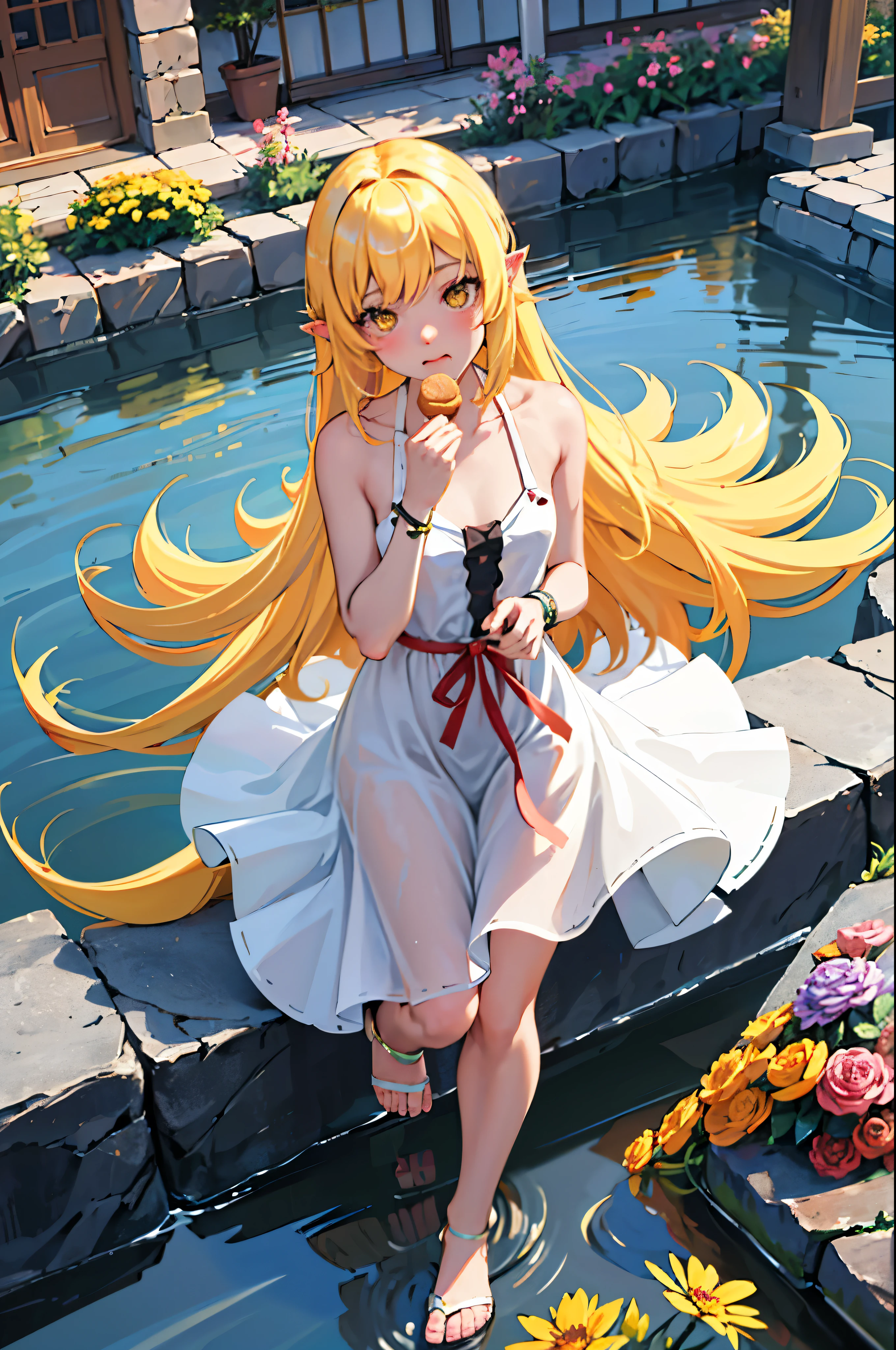 1girl in, Alone, Female, (Oshino_Shinobu),(Blonde) (Blonde_hair), (yellow_hair), ((long_hair)), ((bangs)), (yellow_eyes), blush, Cute, Innocent face, spiky_Ears, (blush_a sticker), Flat_Chest,
Dress, Bow, Bracelet, tusk, Holding_food, donut, inner strength, Eating, food, spark of light, sparkly eyes, Particle, Happy, toenails, Hands, Fingers, retention
Global Illumination, nffsw, Subsurface scattering, masutepiece, 4K, raytrace, Beautiful, sharp, Smooth skin, bloom, anime
sunset, Nature, mountainscape, Clouds, tussock, Flowers, fireflys, lake