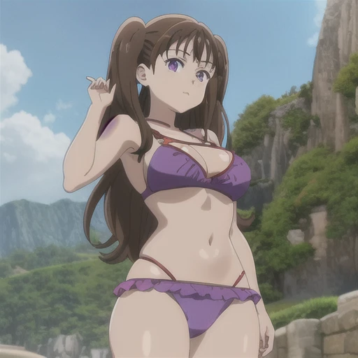 1girl, solo, purple eyes, brown hair, seven deadly sins, diane, , twintails, giantess, giant, long hair, bikini 