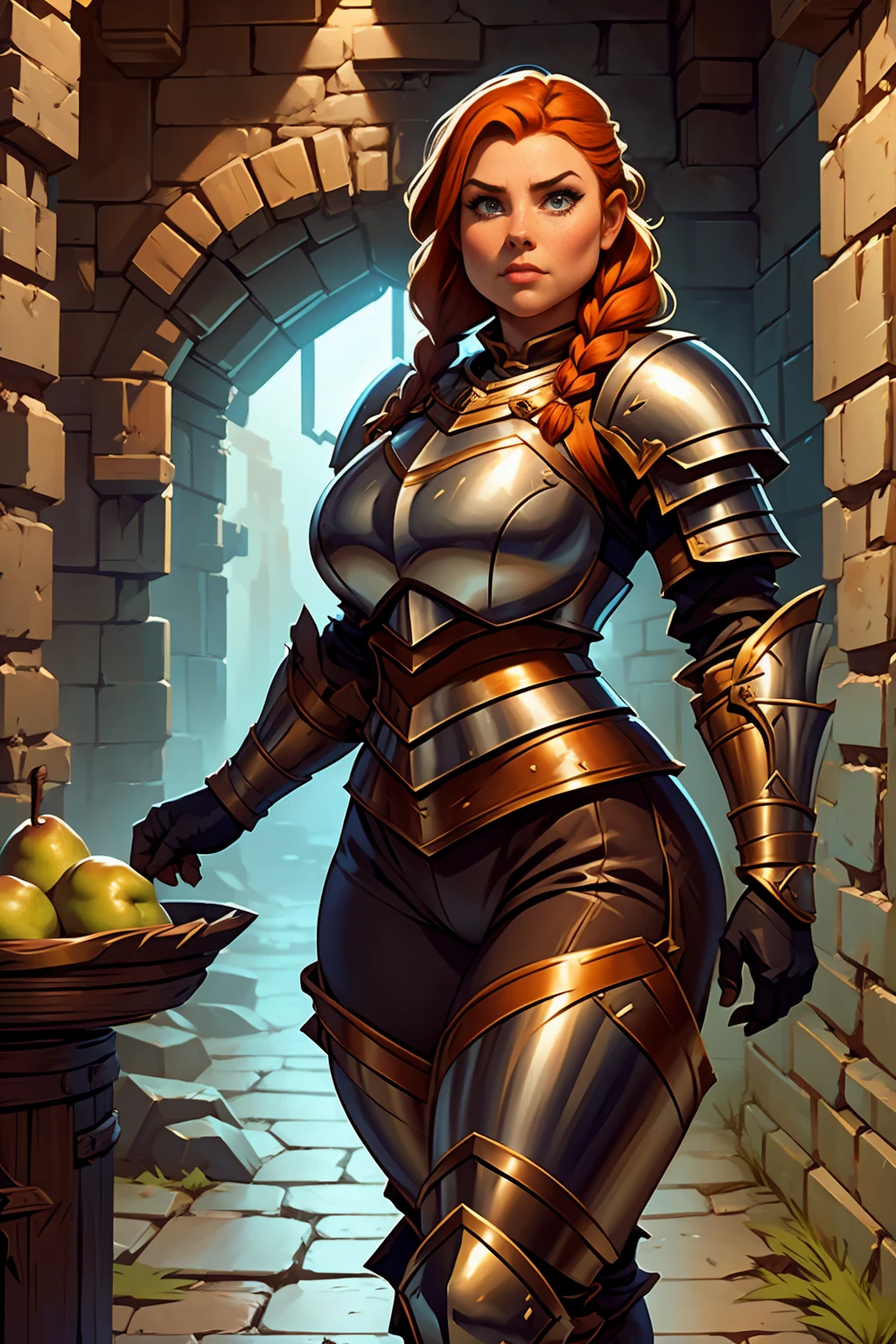 Stocky Ginger female dwarven adventurer, dramatic lighting, breastplate armor, long braided hair, fat, busty, standing in a dungeon, wide body, pear shaped, pudgy, full plate armor, covered legs leather pants